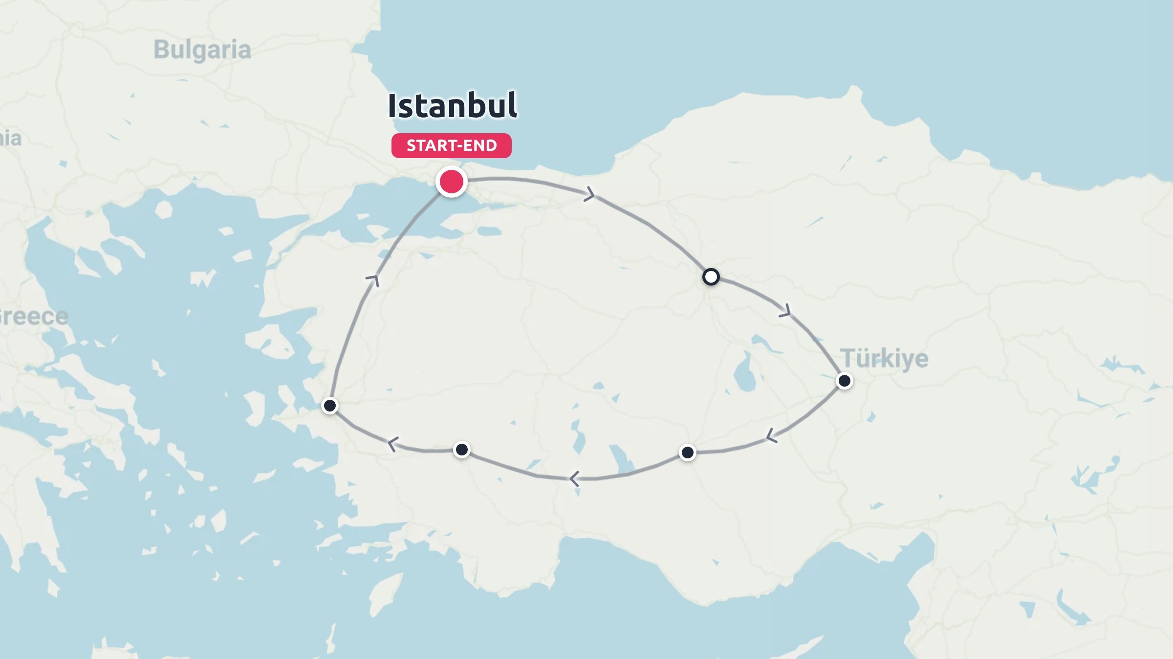 Travel route map of Türkiye showing a circular itinerary starting and ending in Istanbul with various stops.