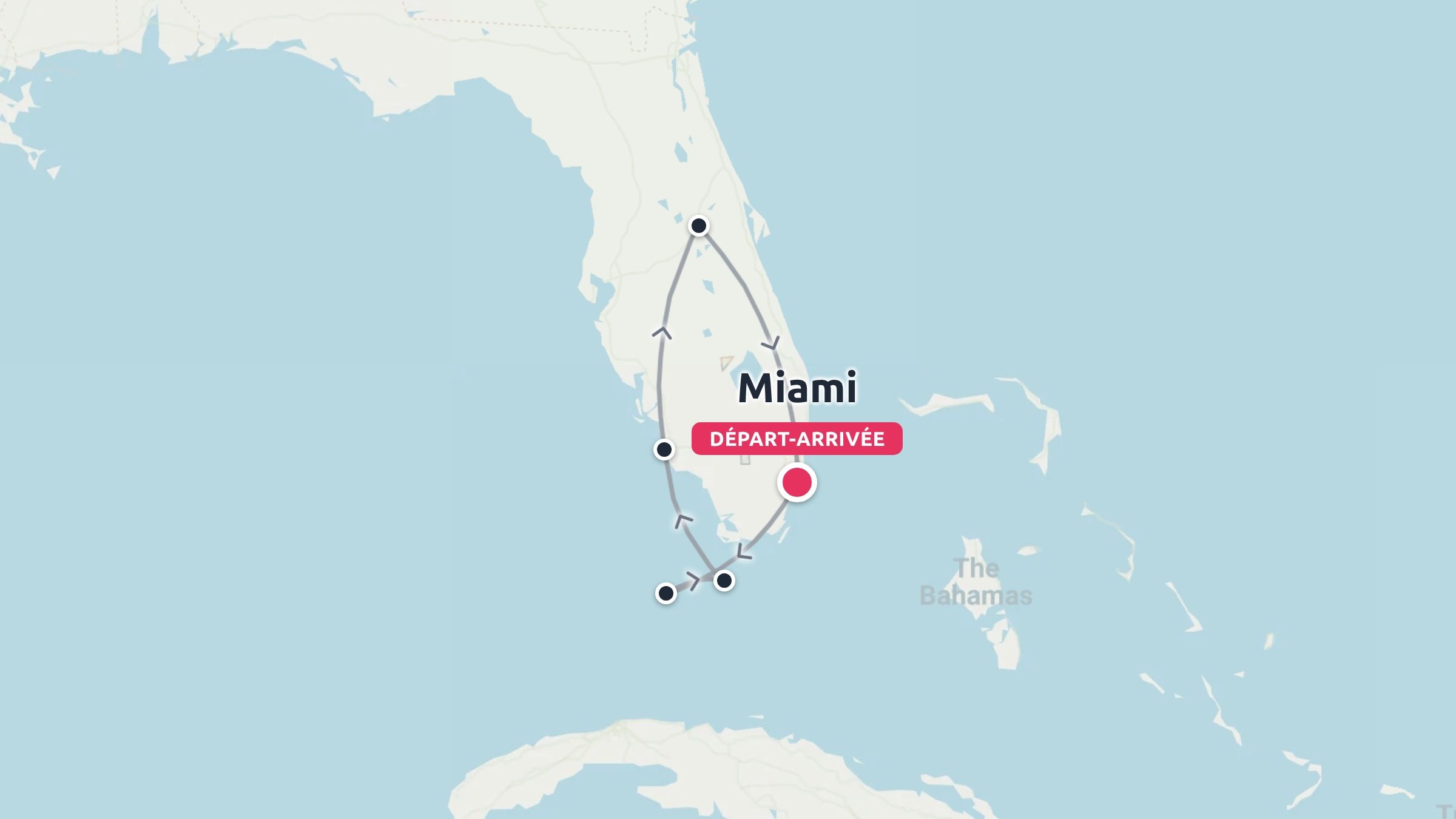 Une carte d'itinéraire de voyage en Floride montrant un parcours en boucle commençant et se terminant à Miami.