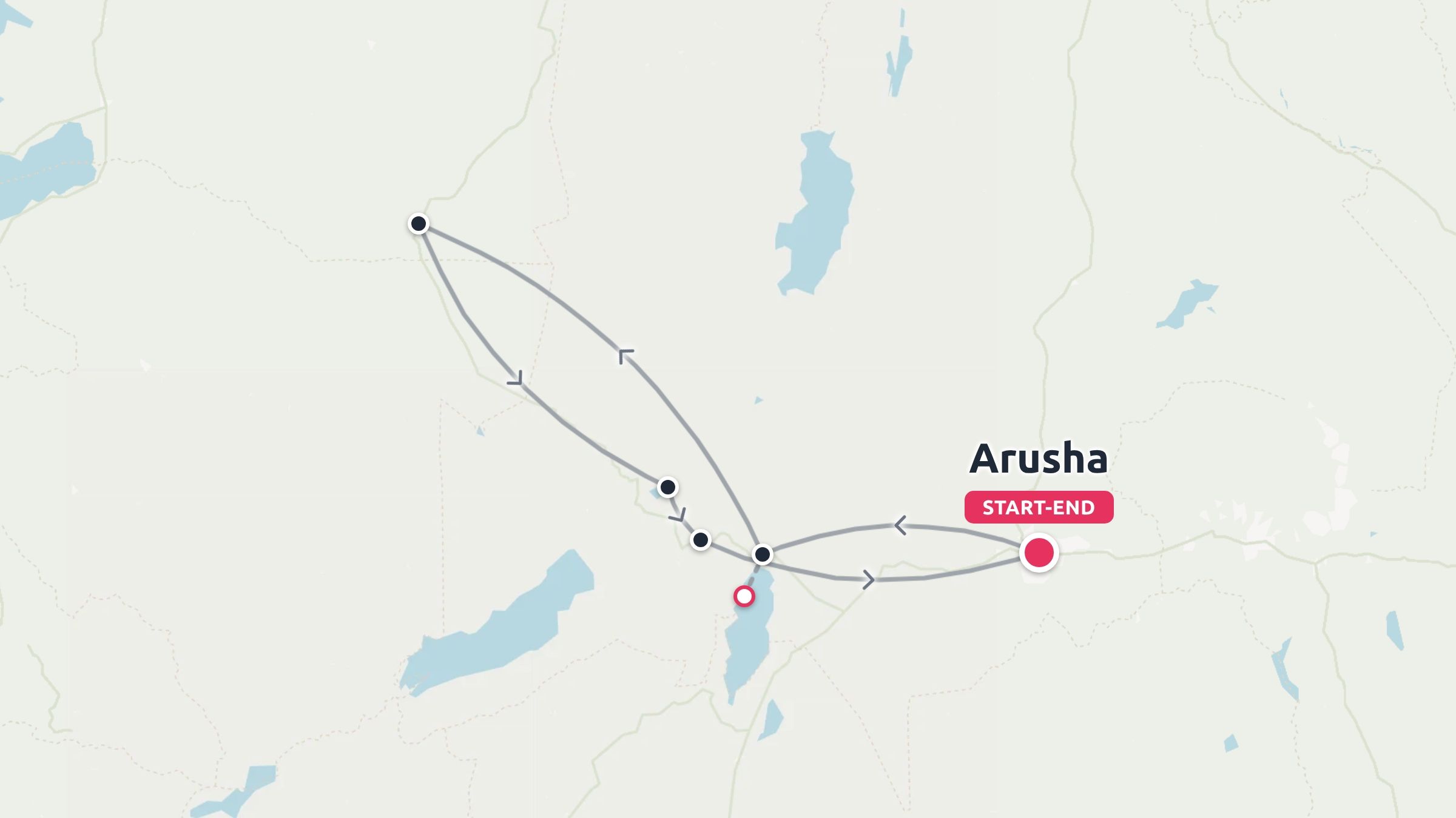 A travel route map showing an itinerary loop starting and ending in Arusha with multiple marked stops.