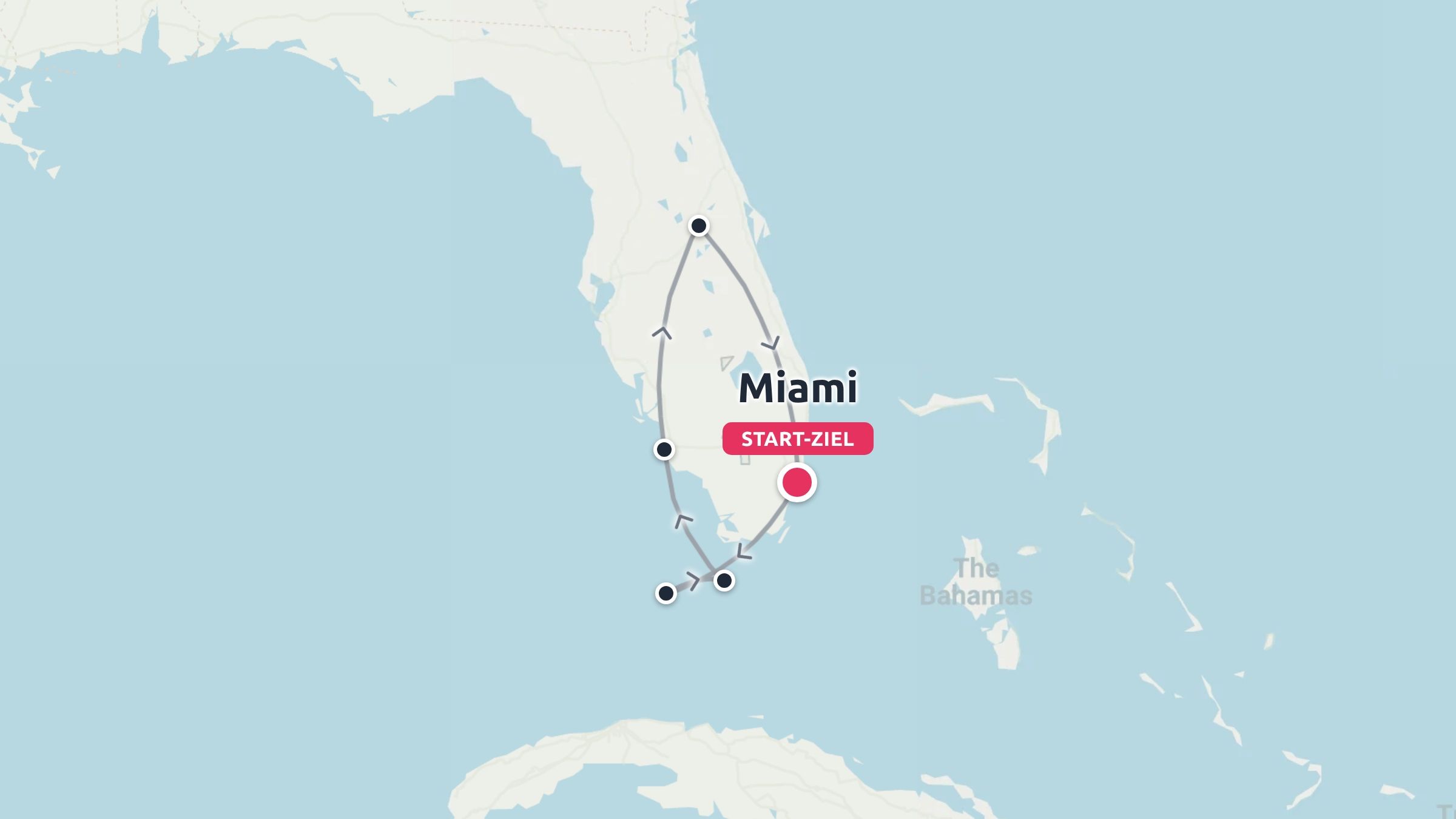 Eine Reiseroute durch Florida als Rundweg mit mehreren Stopps, Beginn und Ende in Miami.