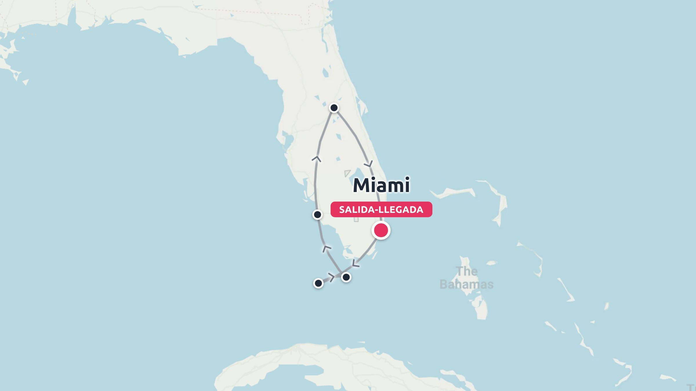 Un mapa de ruta de viaje por Florida que muestra un itinerario circular que comienza y termina en Miami y pasa por los Cayos.