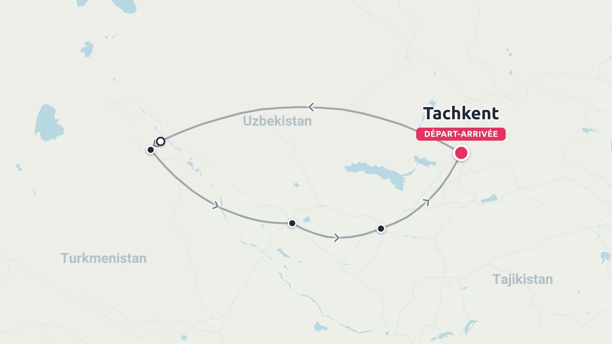 Un itinéraire de voyage à travers l'Ouzbékistan commençant et se terminant à Tachkent avec des arrêts marqués le long d'un parcours circulaire