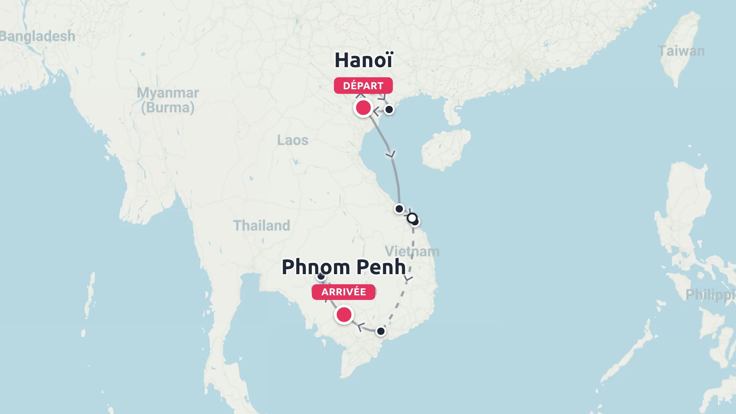 Une carte d'itinéraire de voyage montrant un parcours commençant à Hanoï, au Viêt Nam, et se terminant à Phnom Penh, au Cambodge.