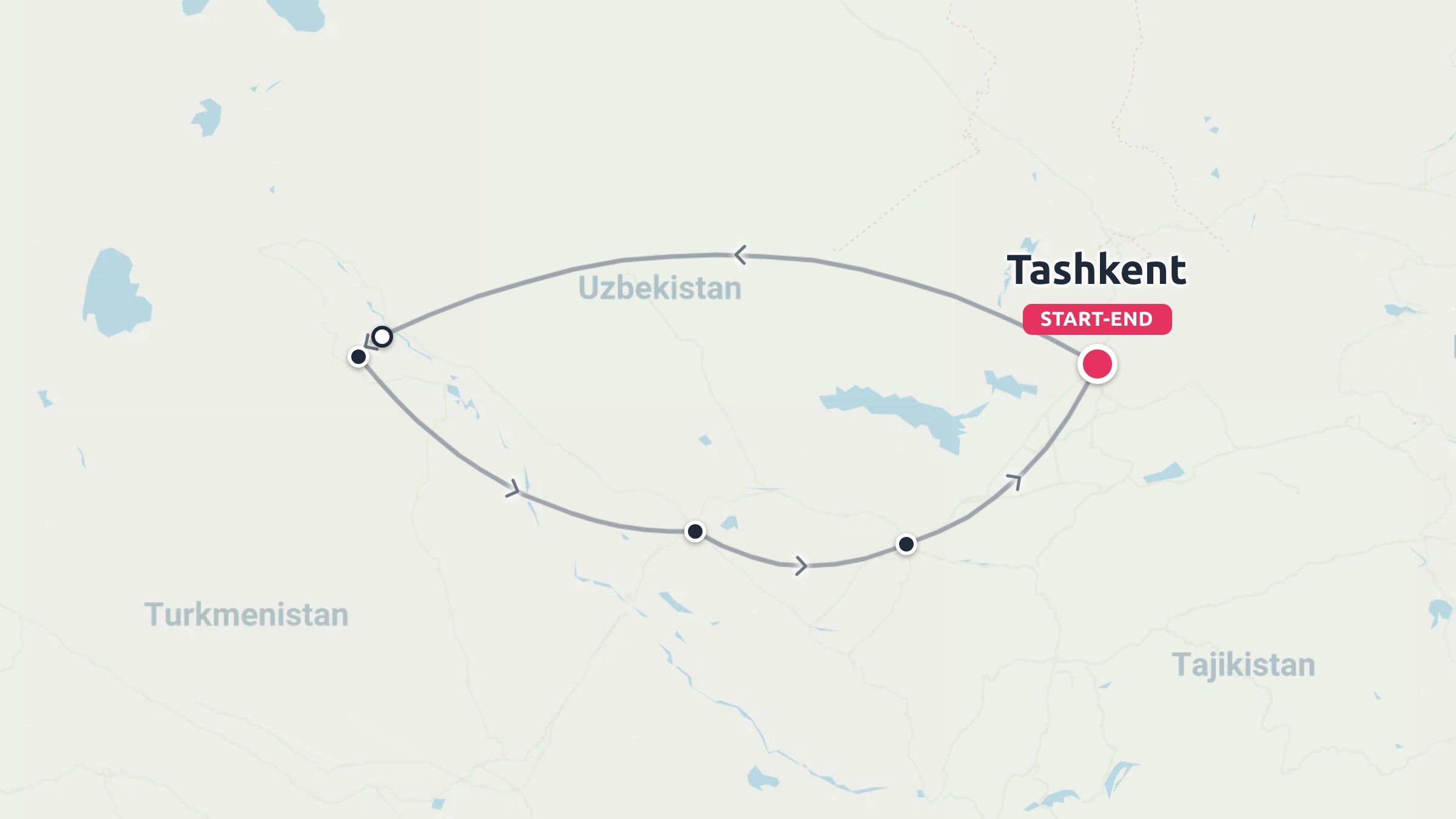 Travel route map of Uzbekistan starting and ending in Tashkent, showing a circular travel loop.