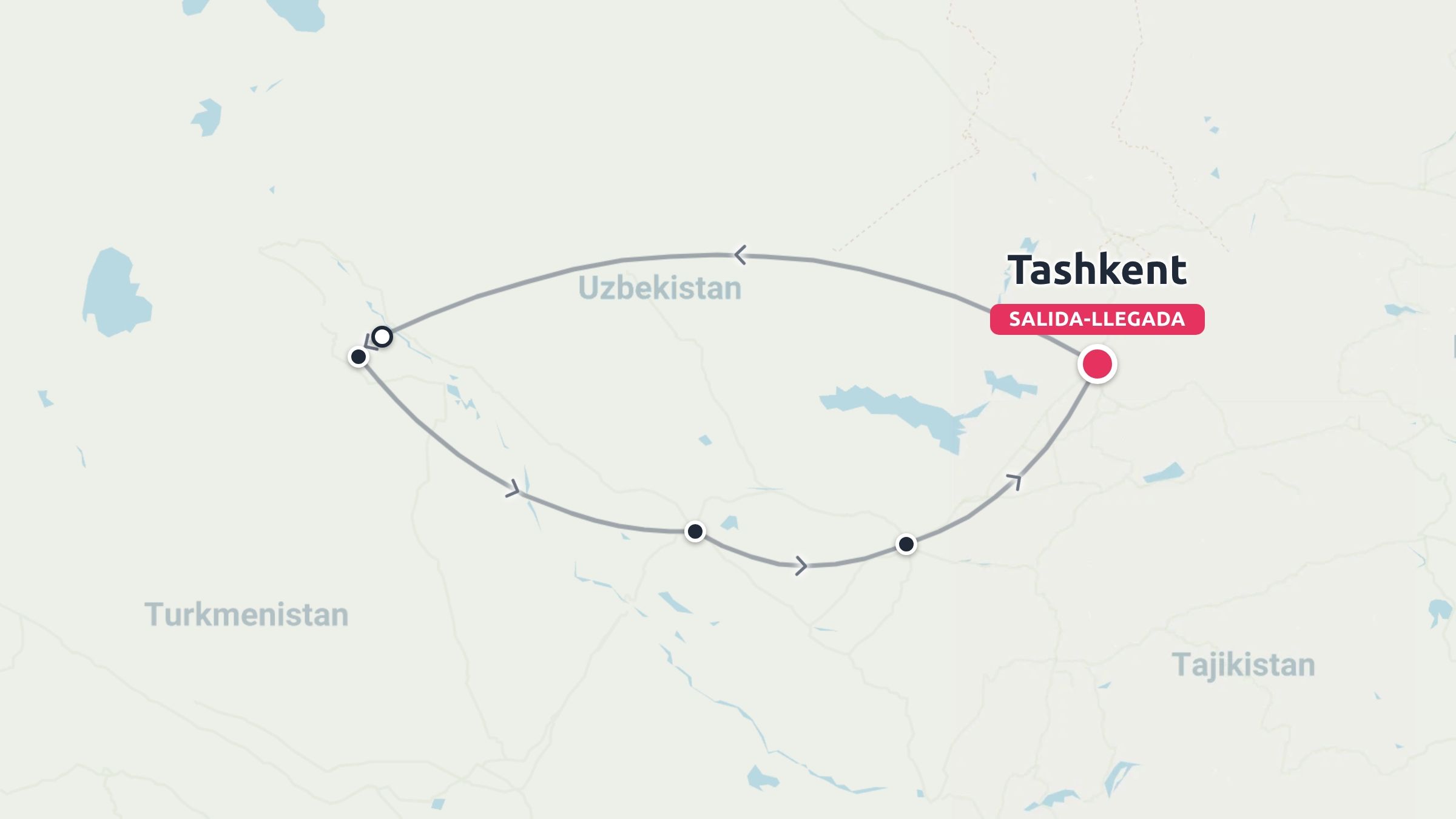 Un mapa de ruta de viaje que muestra un itinerario circular que comienza y termina en Taskent, Uzbekistán.