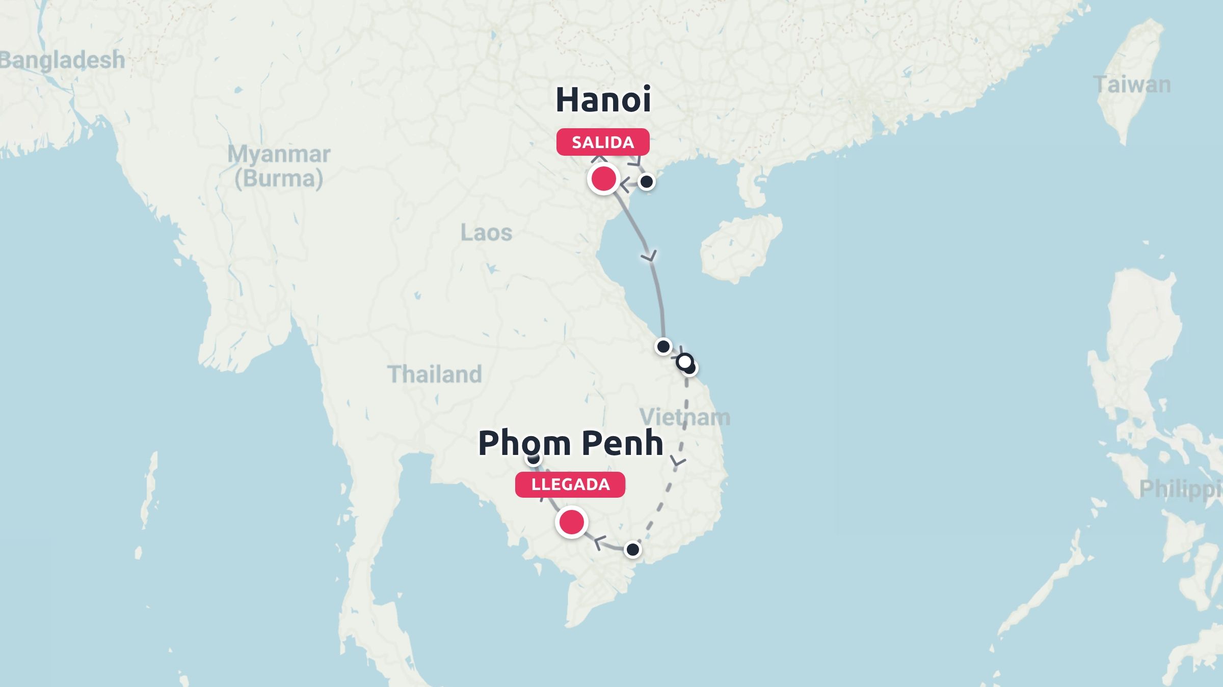 Mapa de viaje que muestra un itinerario que comienza en Hanói, Vietnam, y viaja hacia el sur para terminar en Nom Pen, Camboya.