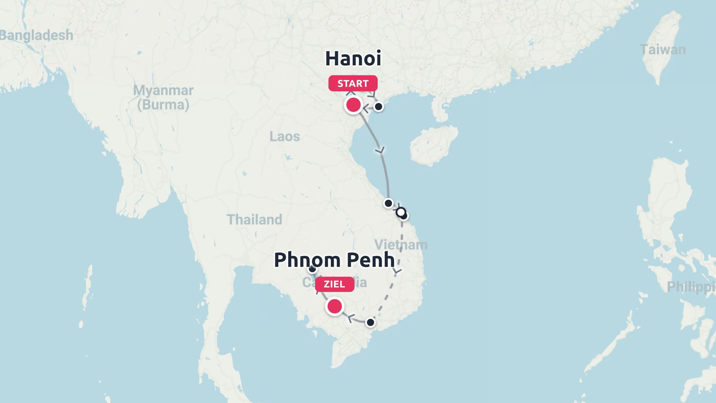 Reiseroute durch Südostasien von Hanoi in Vietnam bis nach Phnom Penh in Kambodscha