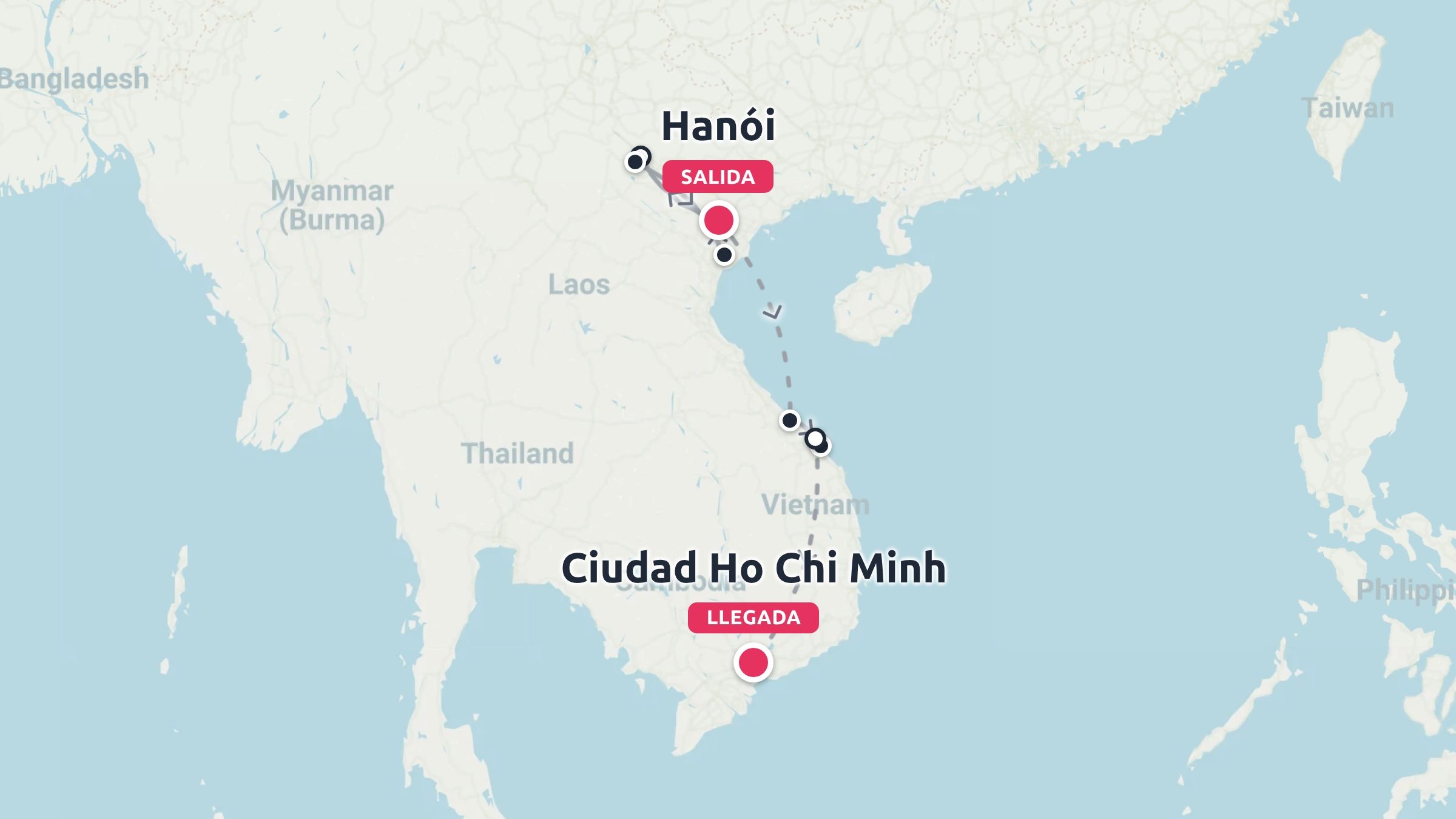 Un mapa de viaje de Vietnam que muestra una ruta con salida desde Hanói y llegada a Ciudad Ho Chi Minh.