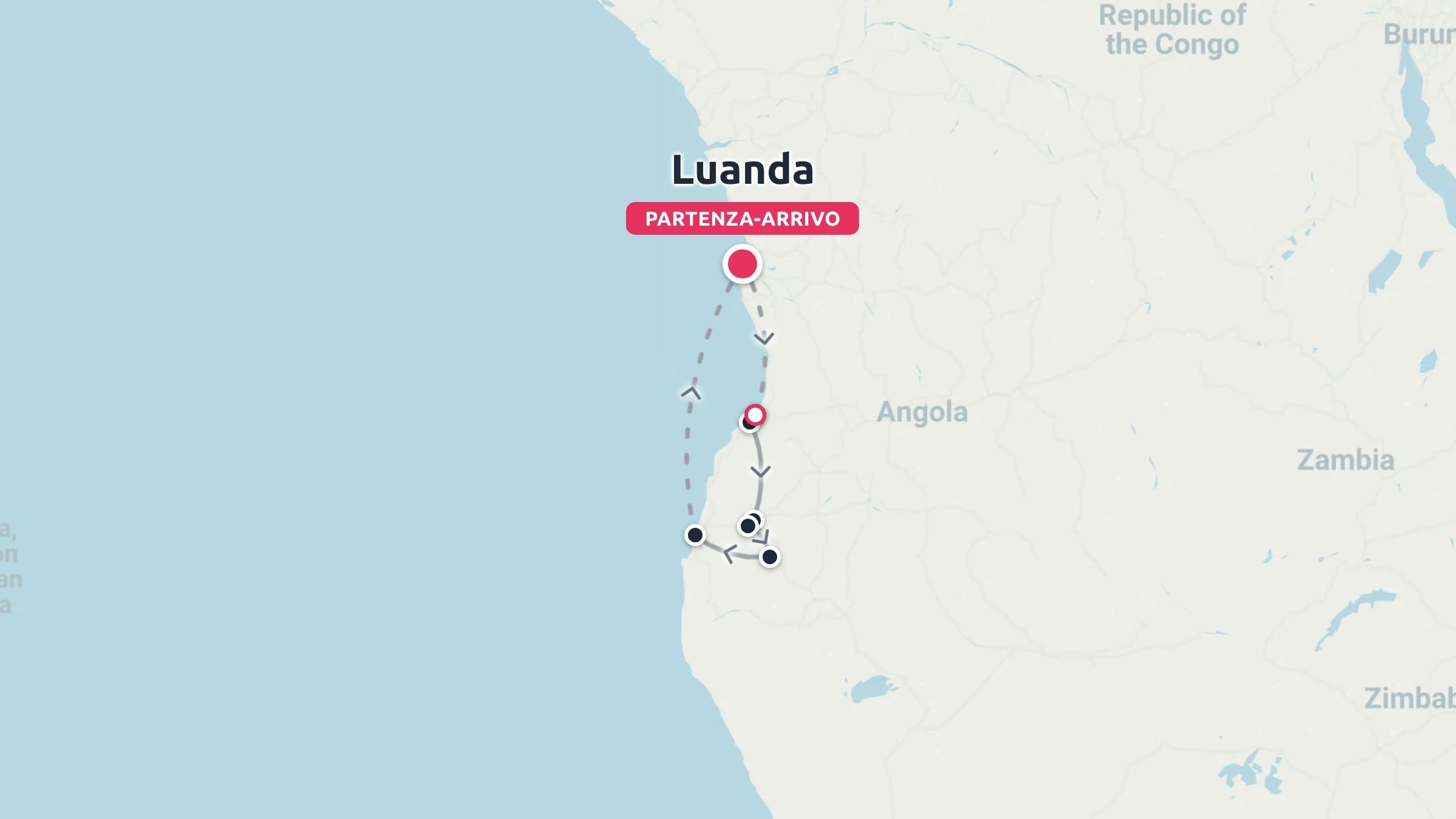 Una mappa dell'itinerario di viaggio in Angola che mostra un percorso circolare con partenza e arrivo a Luanda lungo la costa.