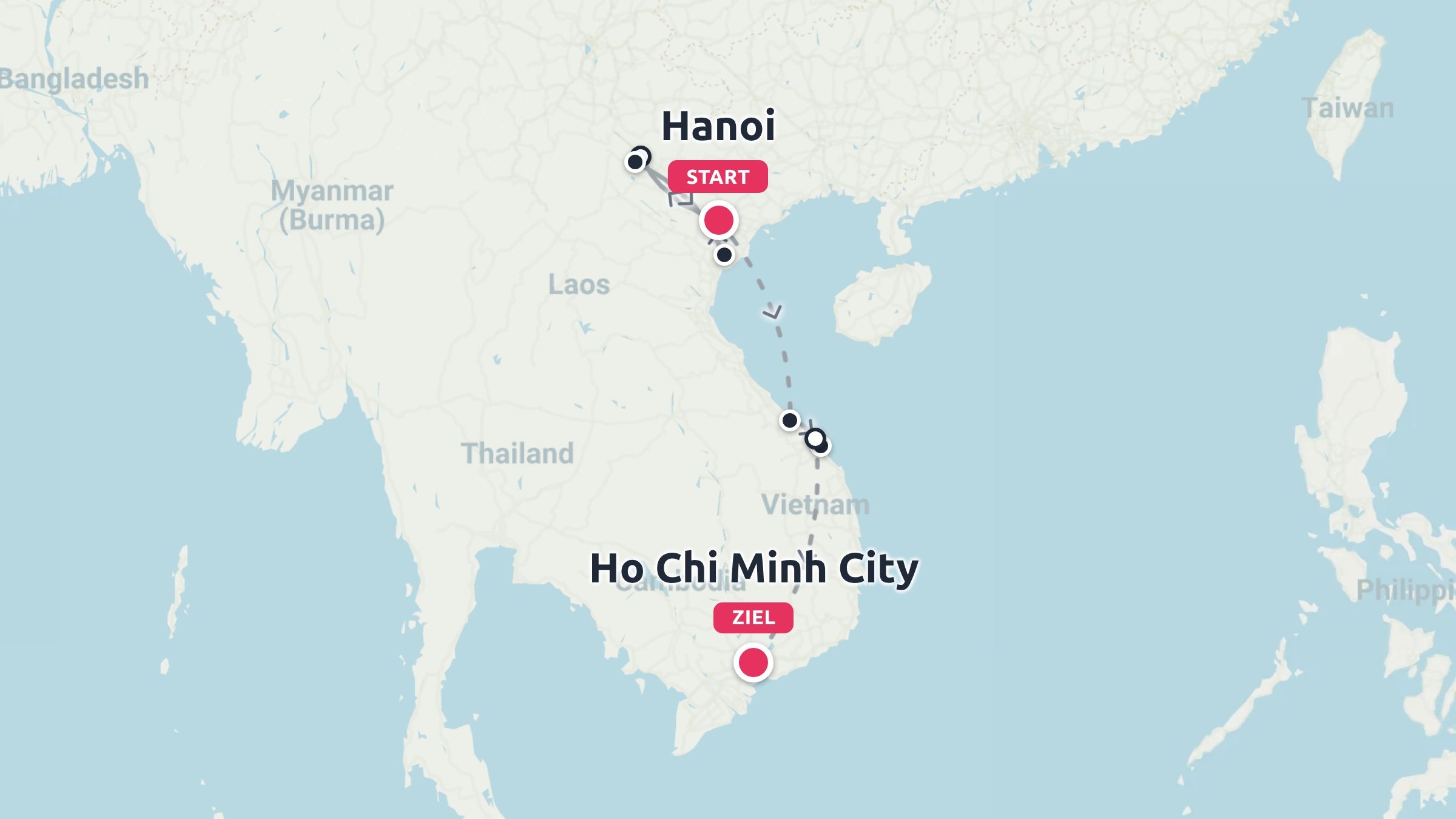 Reiseroute durch Vietnam mit Stopps von Hanoi als Startpunkt bis Ho-Chi-Minh-Stadt als Ziel