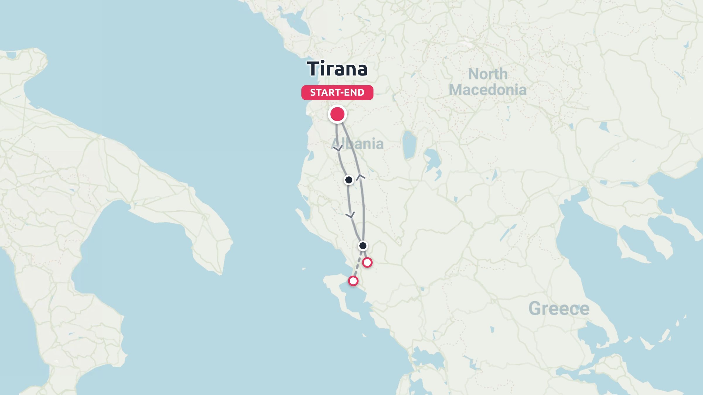 Travel route map of Albania showing a round-trip itinerary starting and ending in Tirana.