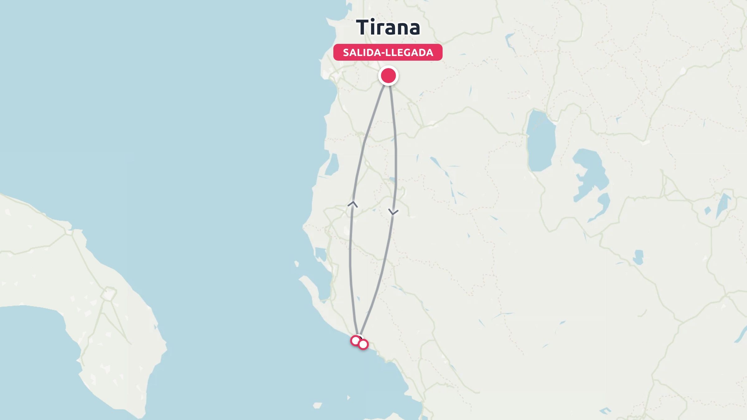 Un mapa que muestra una ruta de viaje de ida y vuelta que empieza y termina en Tirana, Albania, viajando hacia el sur por la costa.