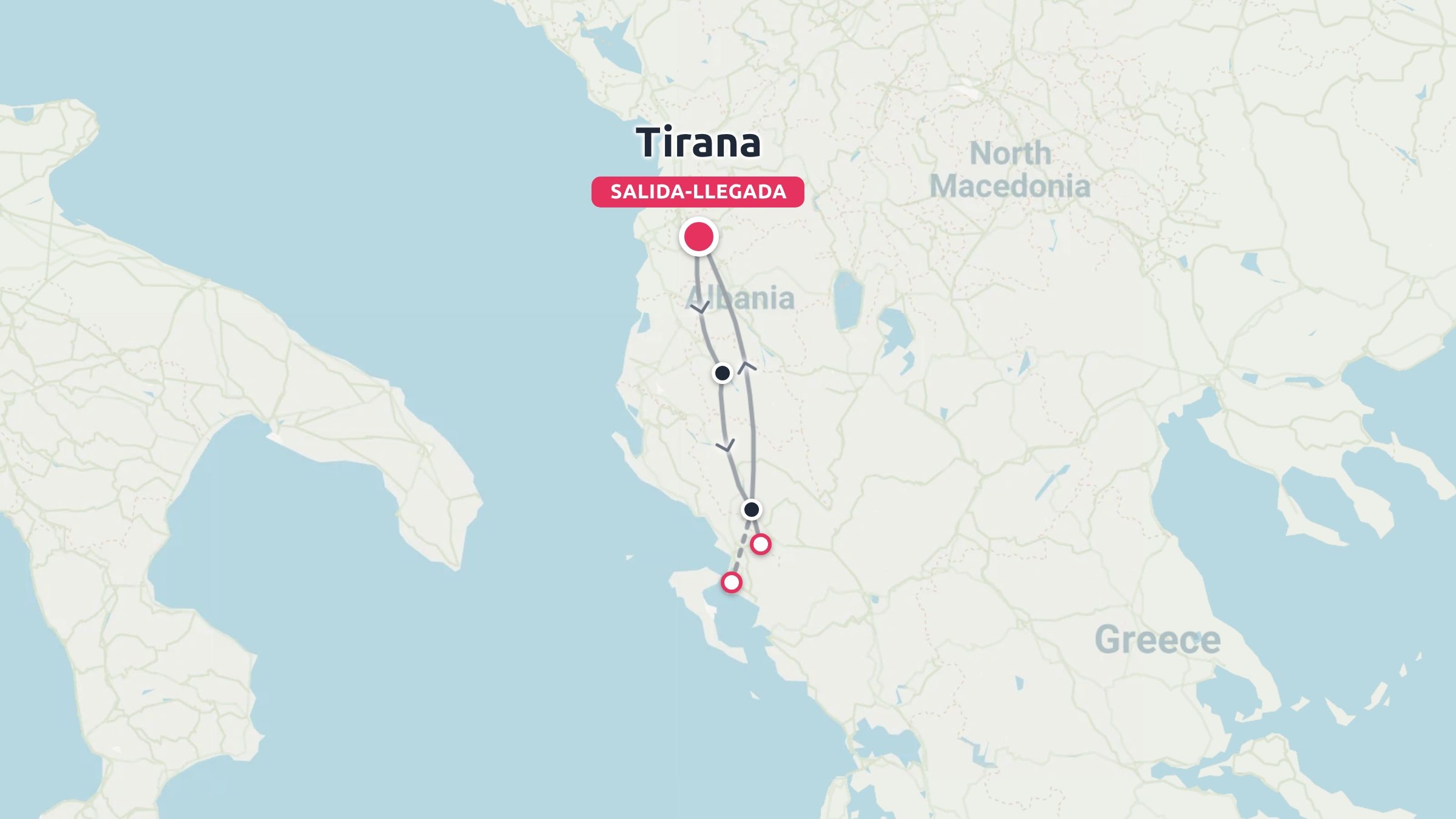 Mapa de ruta de viaje que muestra un circuito de itinerario por Albania, comenzando y terminando en Tirana.