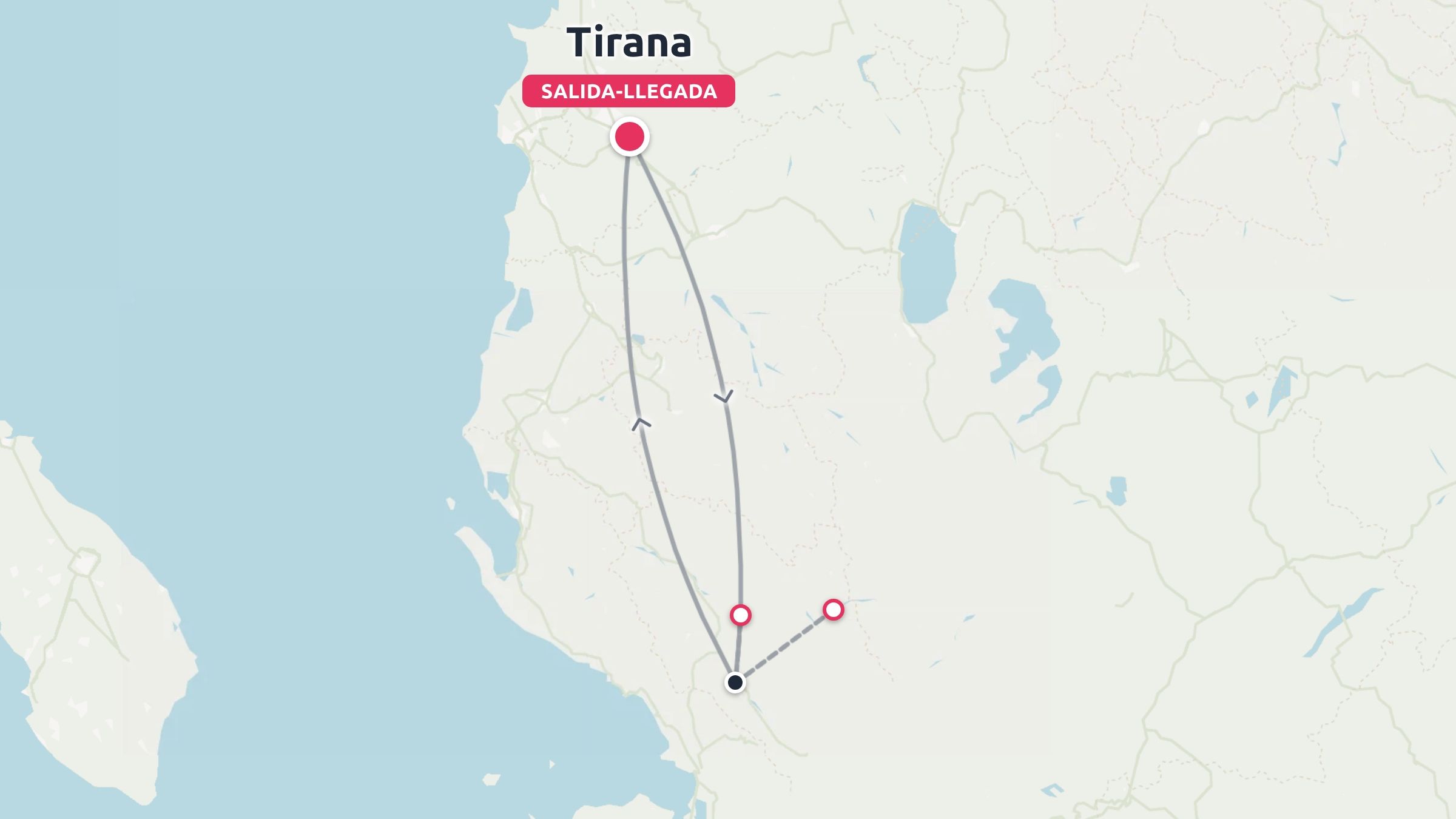 Un mapa de itinerario de viaje que muestra una ruta de ida y vuelta que empieza y termina en Tirana.
