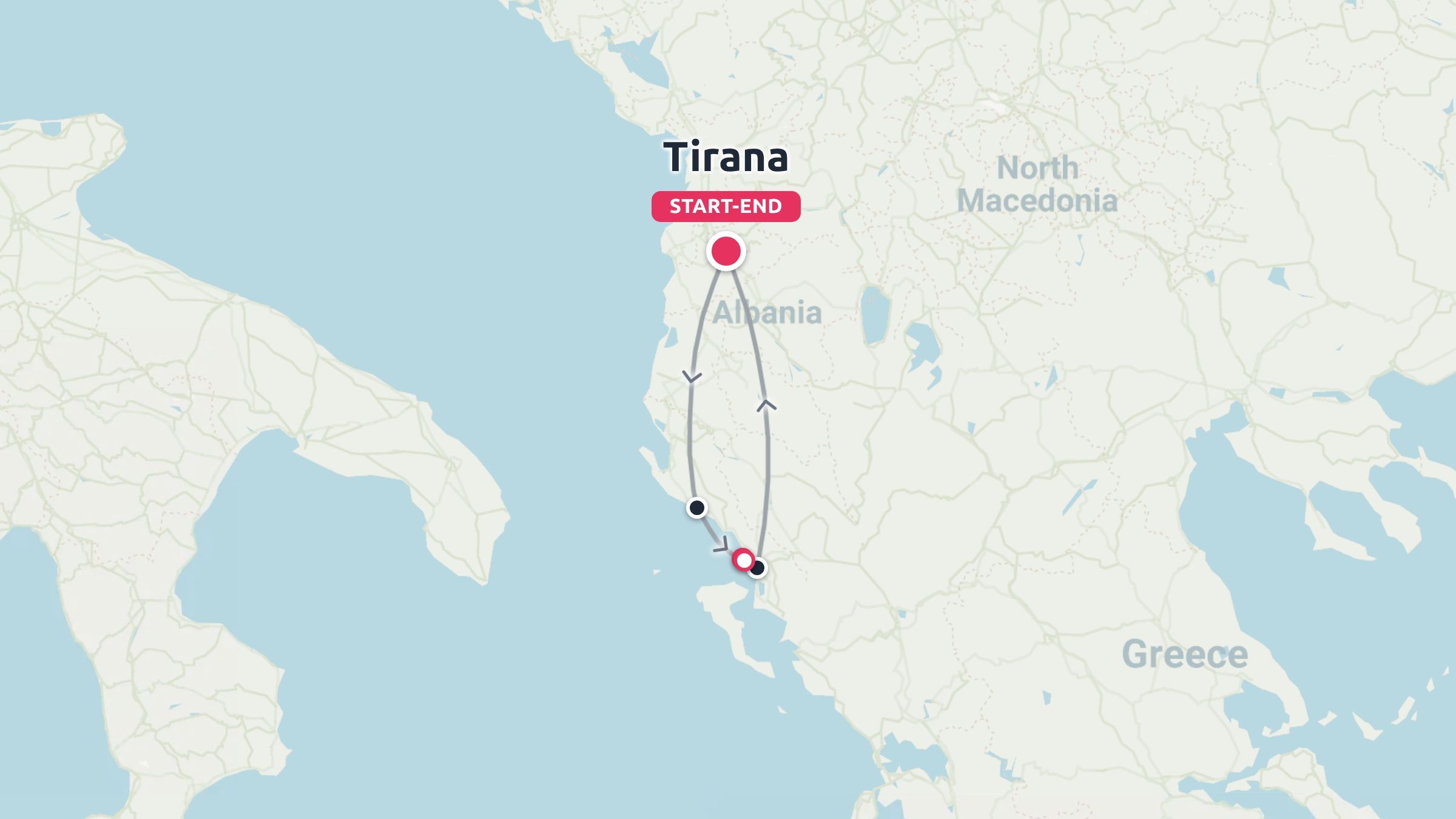 Travel map of Albania displaying a loop route starting and ending in Tirana and extending to the southern coast.