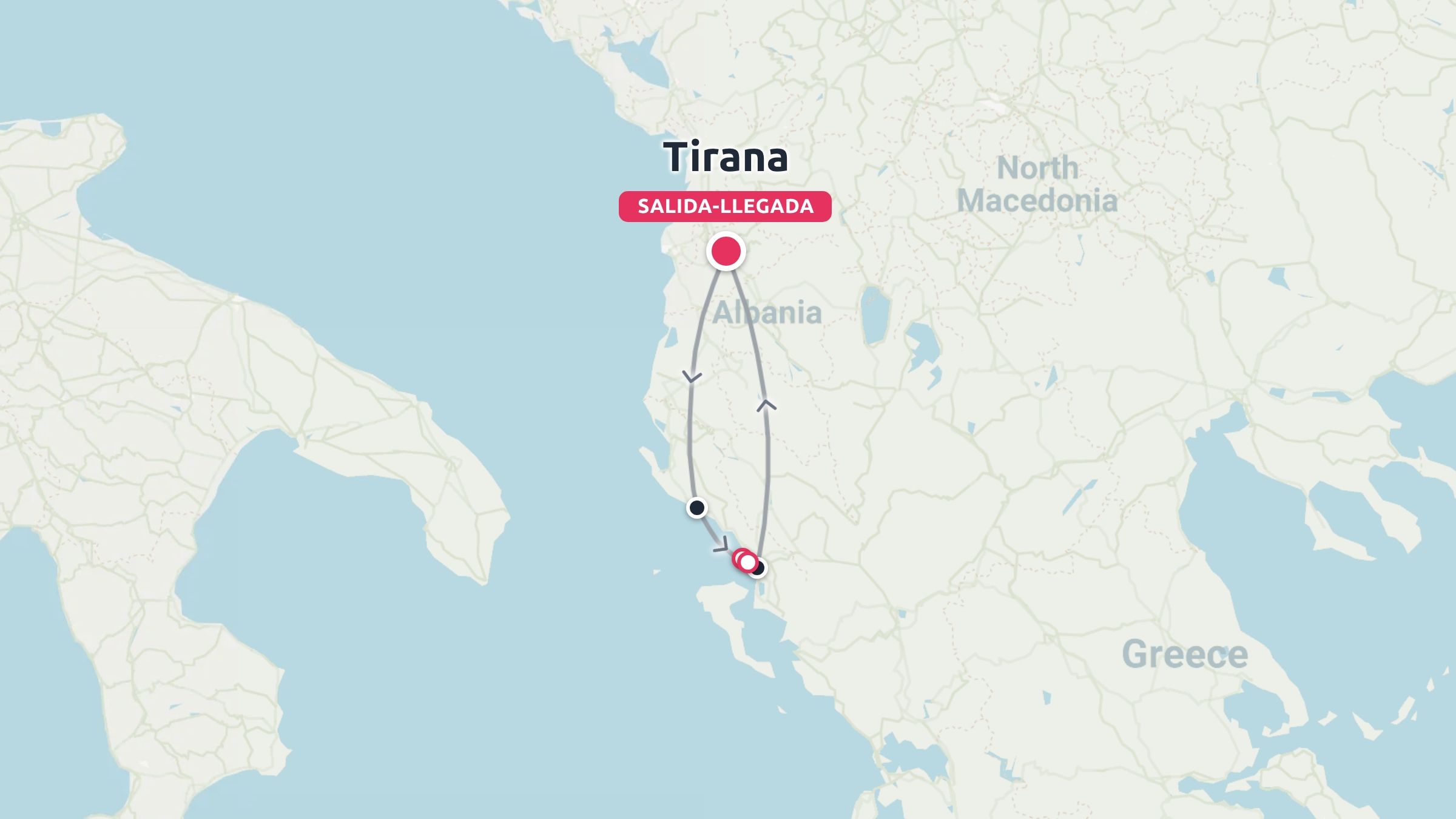 Mapa de la ruta de viaje por Albania que muestra un itinerario circular que empieza y termina en Tirana a lo largo de la costa