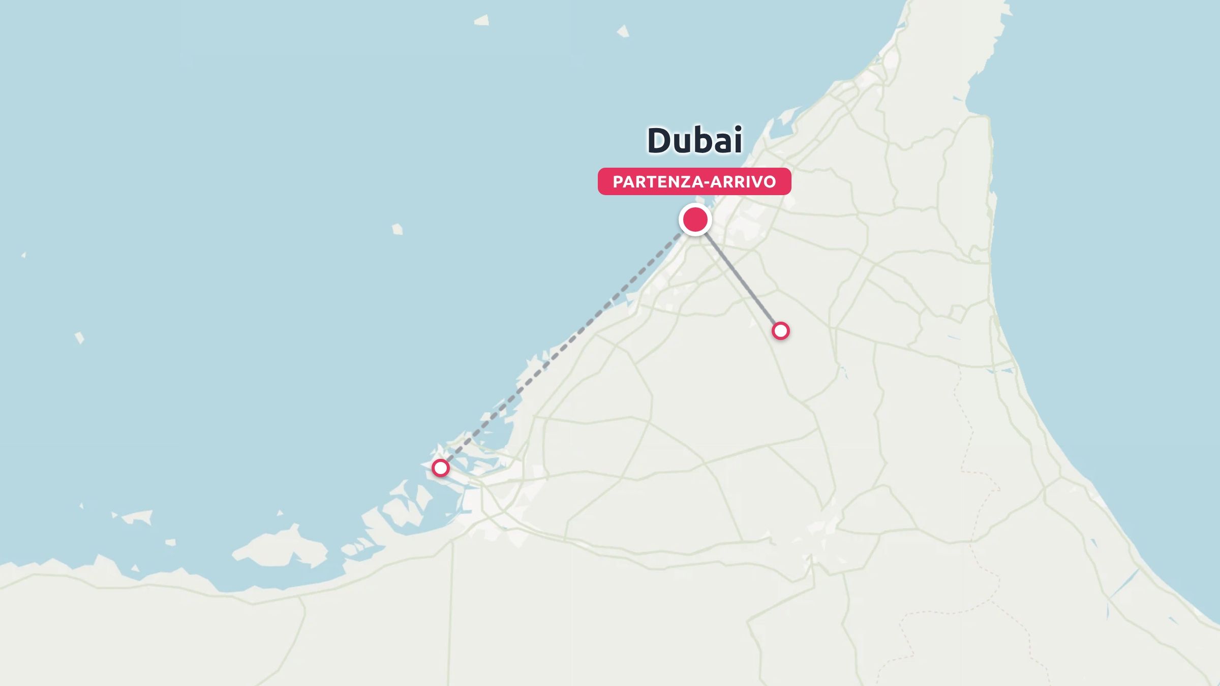 Una mappa di itinerario di viaggio incentrata su Dubai che mostra i punti di partenza e di arrivo lungo la costa e nell'entroterra