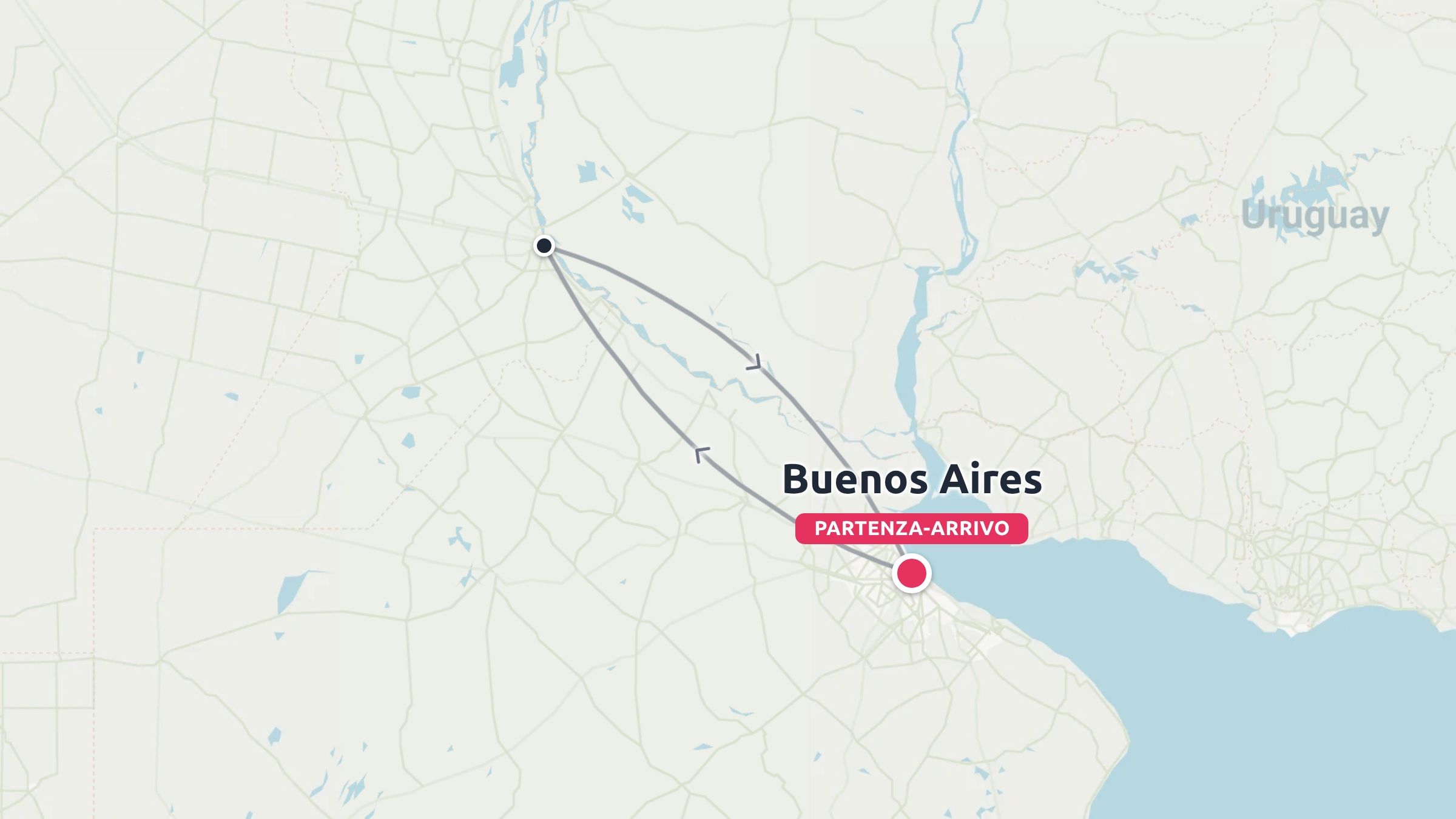 Una mappa di un itinerario di viaggio che mostra un viaggio di andata e ritorno con partenza e arrivo a Buenos Aires vicino all'Uruguay