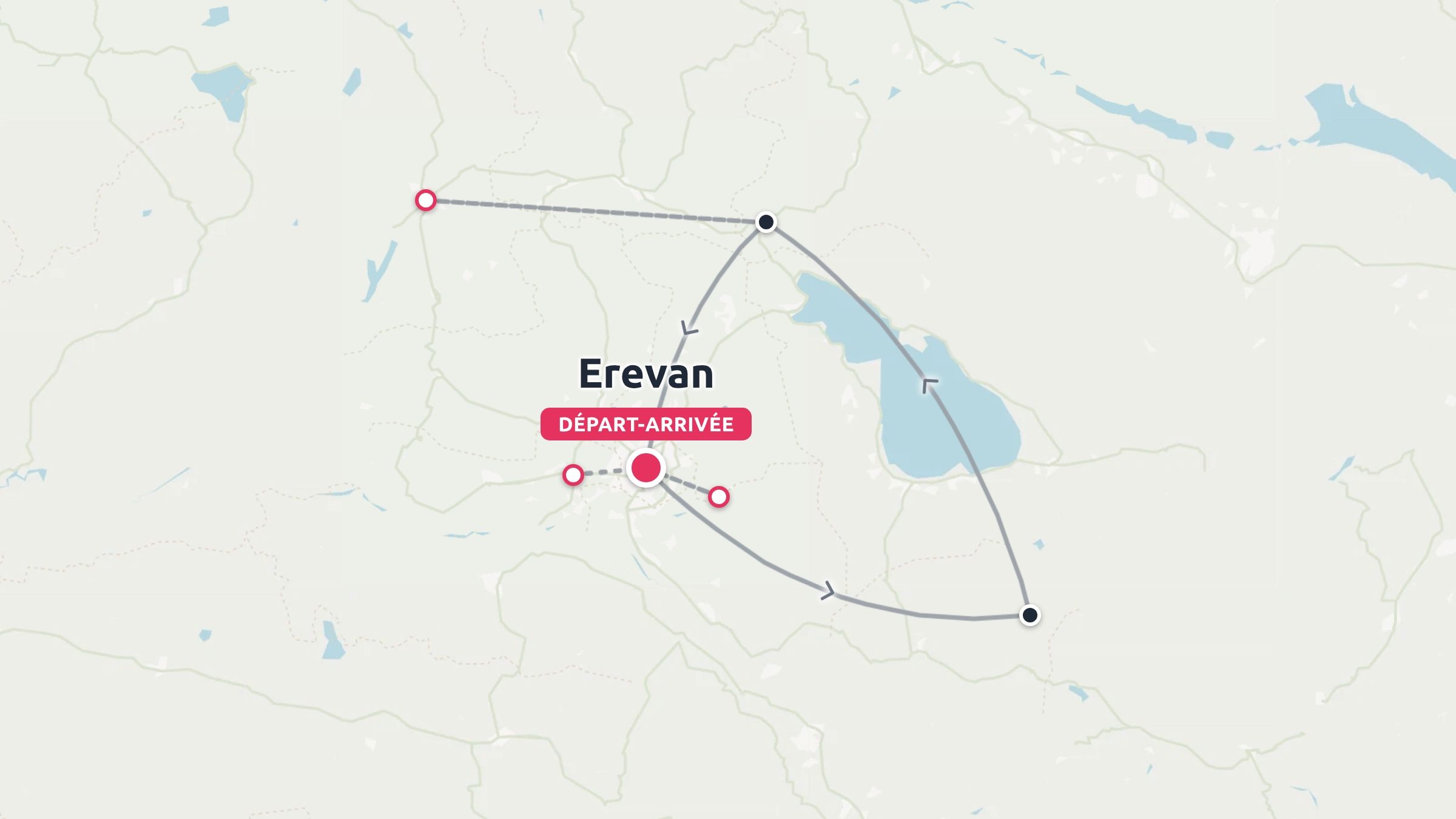 Carte de voyage indiquant un itinéraire circulaire au départ et à l'arrivée d'Erevan, en Arménie.