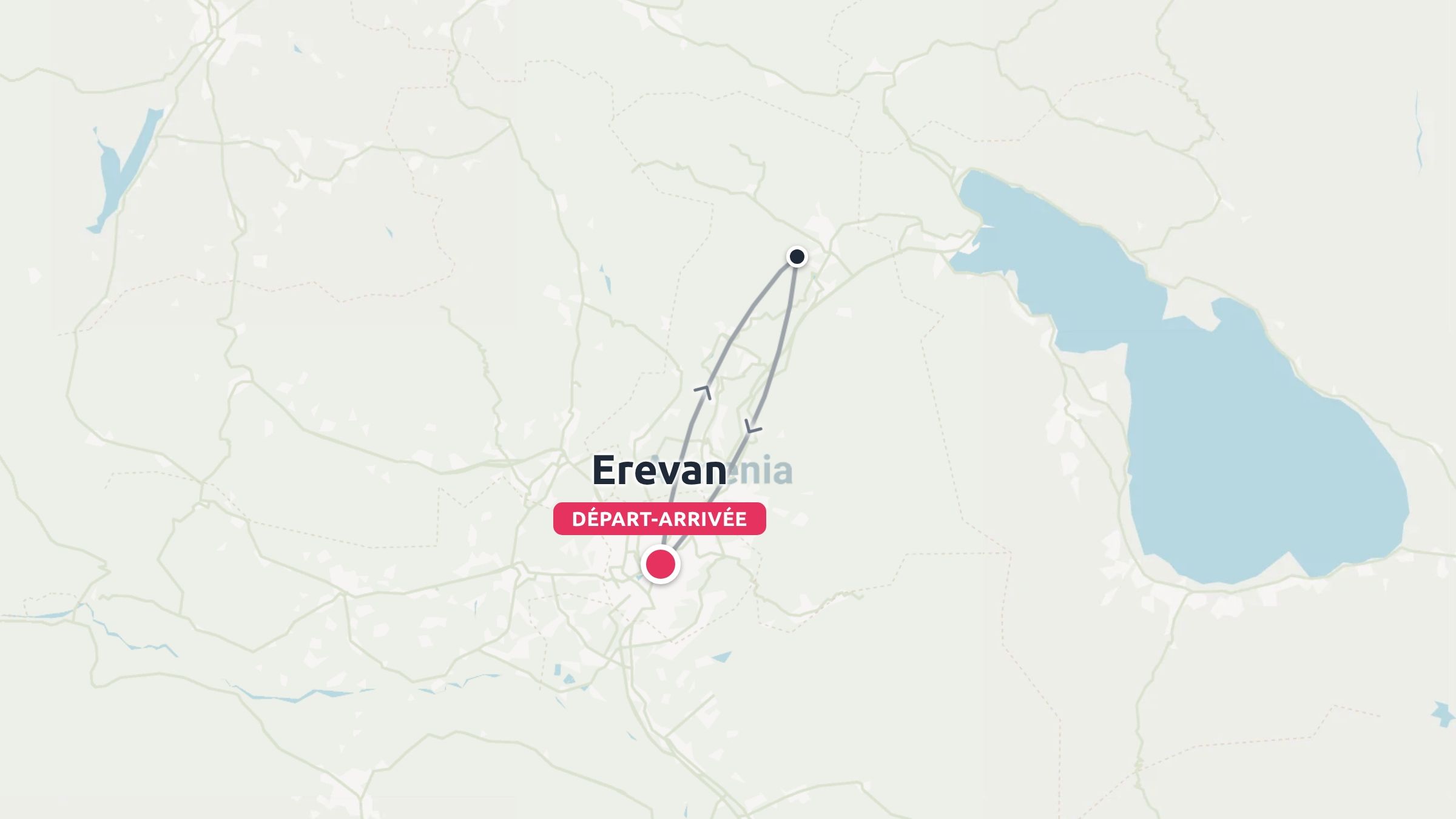 Une carte d'itinéraire de voyage montrant un itinéraire aller-retour commençant et se terminant à Erevan, en Arménie.