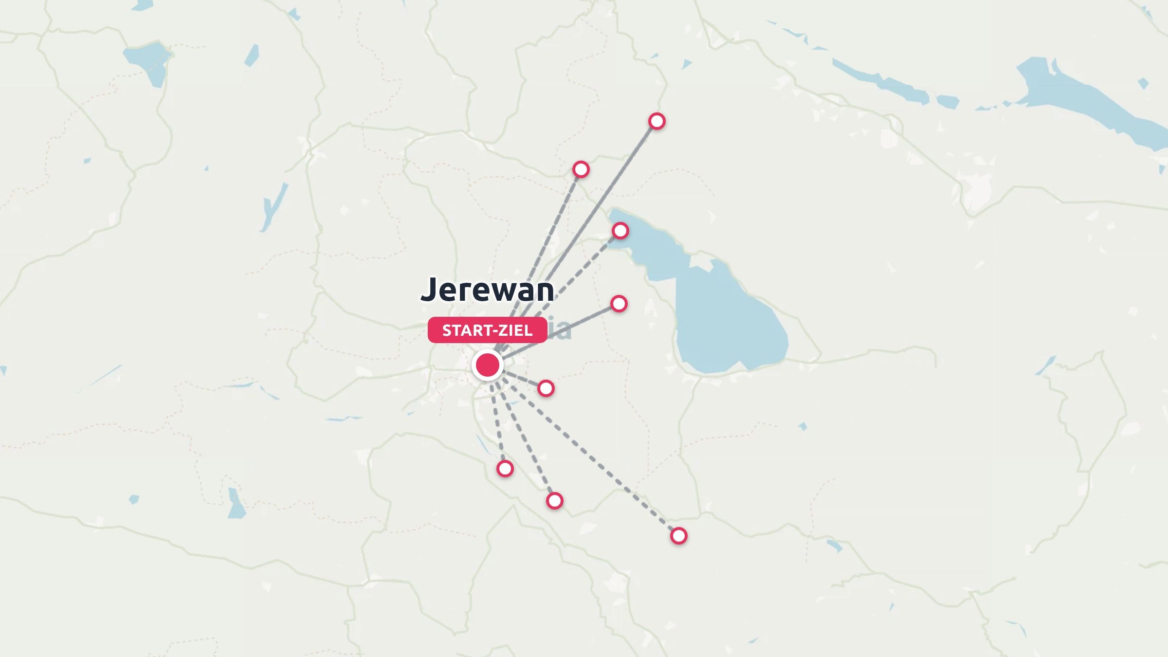 Eine Reiseroute, die mehrere Ziele zeigt, die von Jerewan als zentralem Start- und Endpunkt ausgehen.