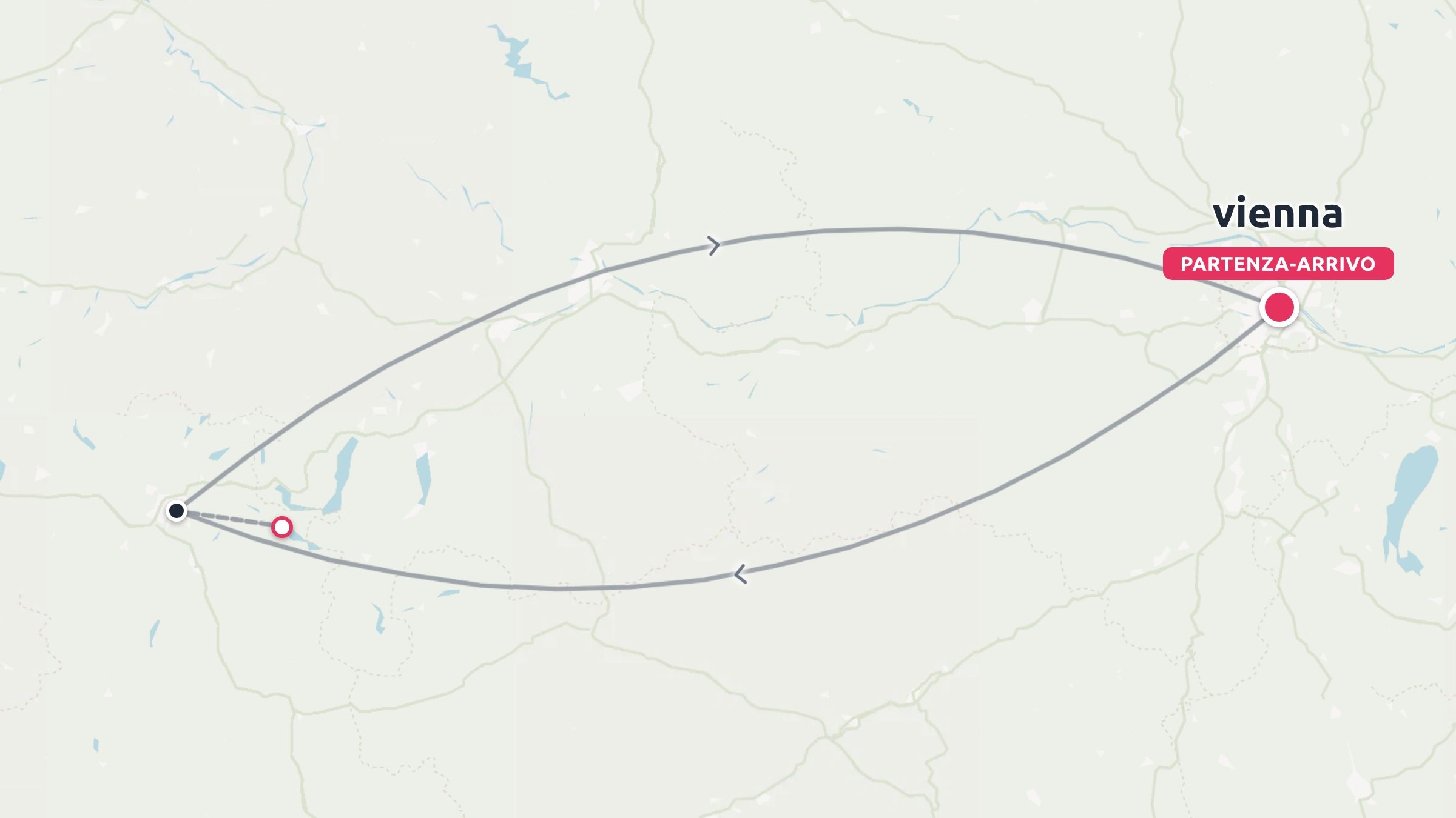 Mappa dell'itinerario di viaggio che mostra un anello di andata e ritorno con partenza e arrivo a Vienna e fermate designate indicate da punti