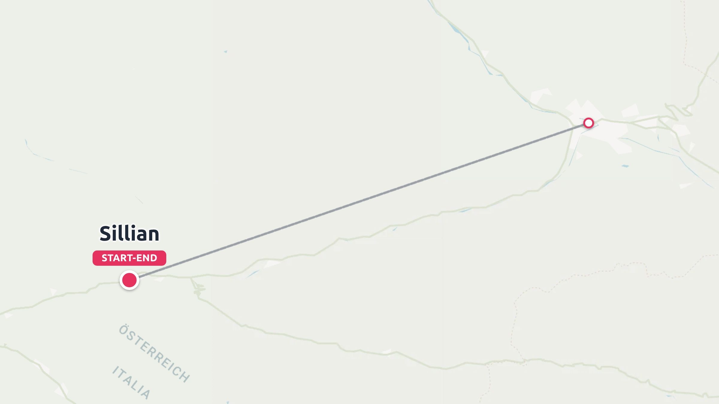 A map showing a travel route line starting and ending at Sillian near the border between Österreich and Italia.