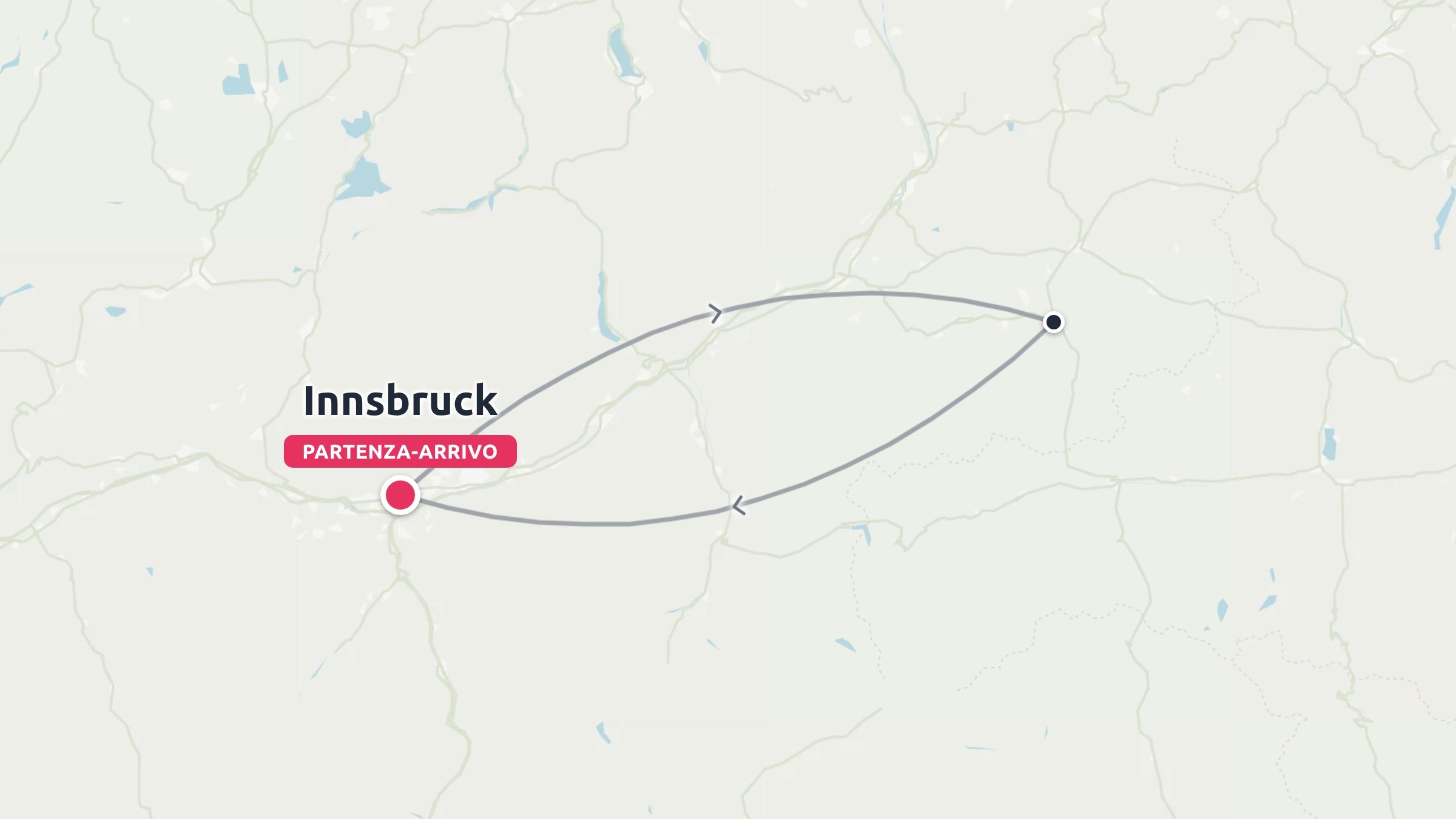 Mappa dell'itinerario di viaggio che mostra un anello di andata e ritorno con partenza e arrivo a Innsbruck e frecce direzionali.