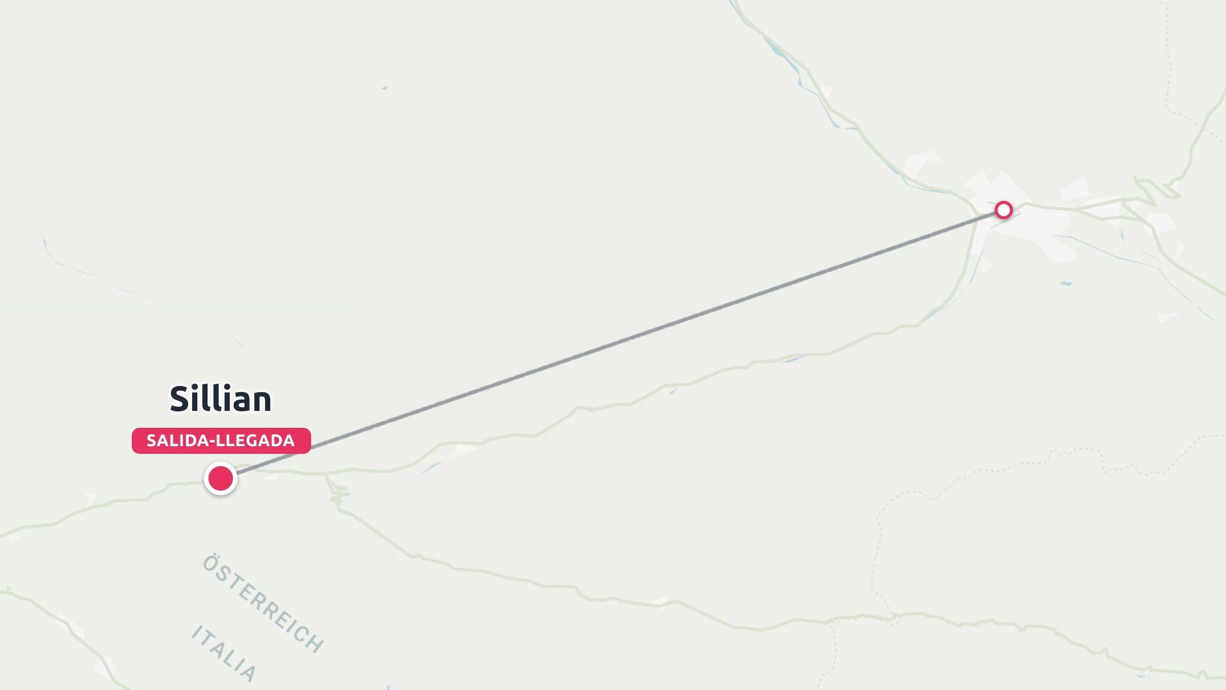 Un mapa de viajes que muestra una línea de ruta que conecta Sillian cerca de la frontera entre Austria e Italia.