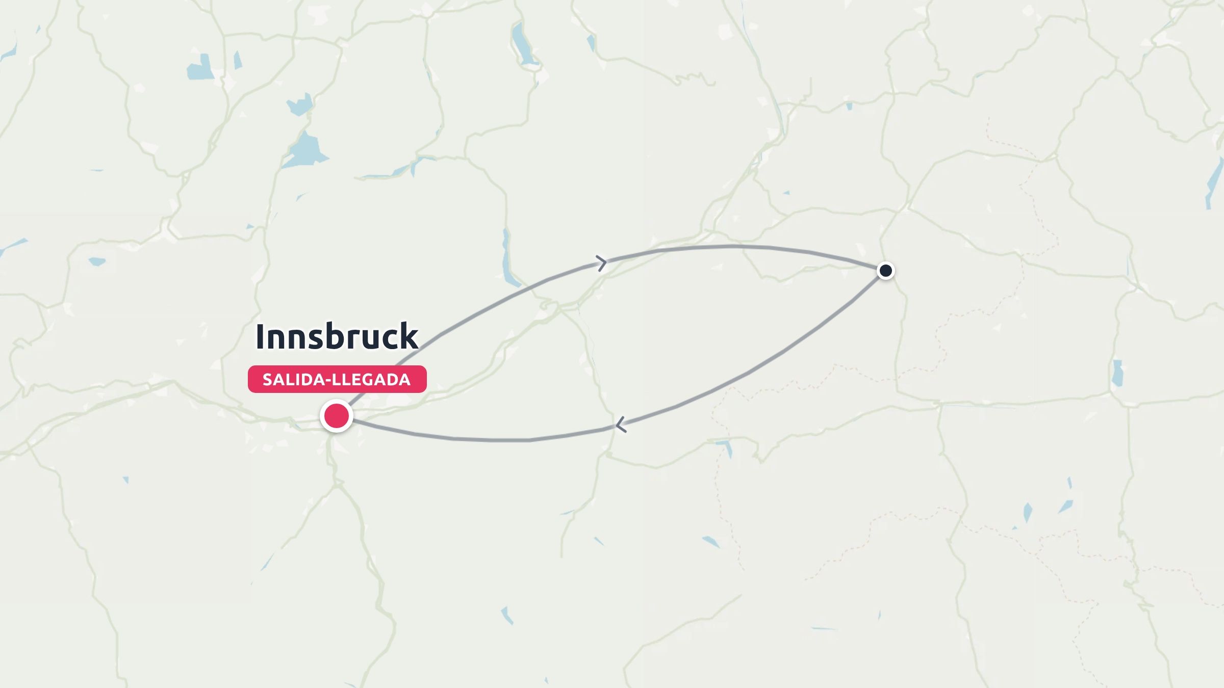 Un mapa de ruta de viaje que muestra un circuito de ida y vuelta que empieza y termina en Innsbruck.
