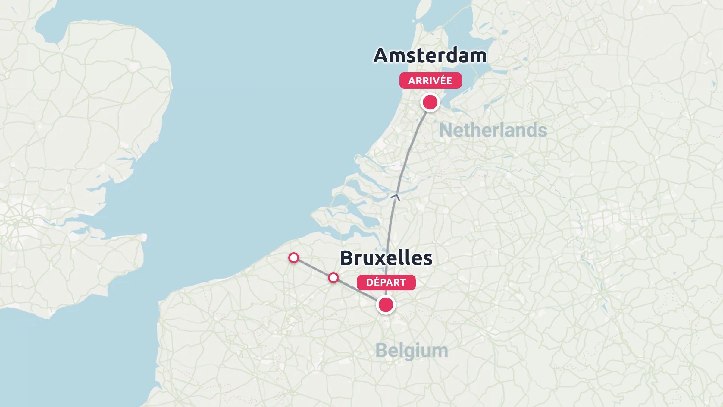 Carte de l'itinéraire de voyage montrant un trajet de Bruxelles, en Belgique, au départ vers Amsterdam, aux Pays-Bas.
