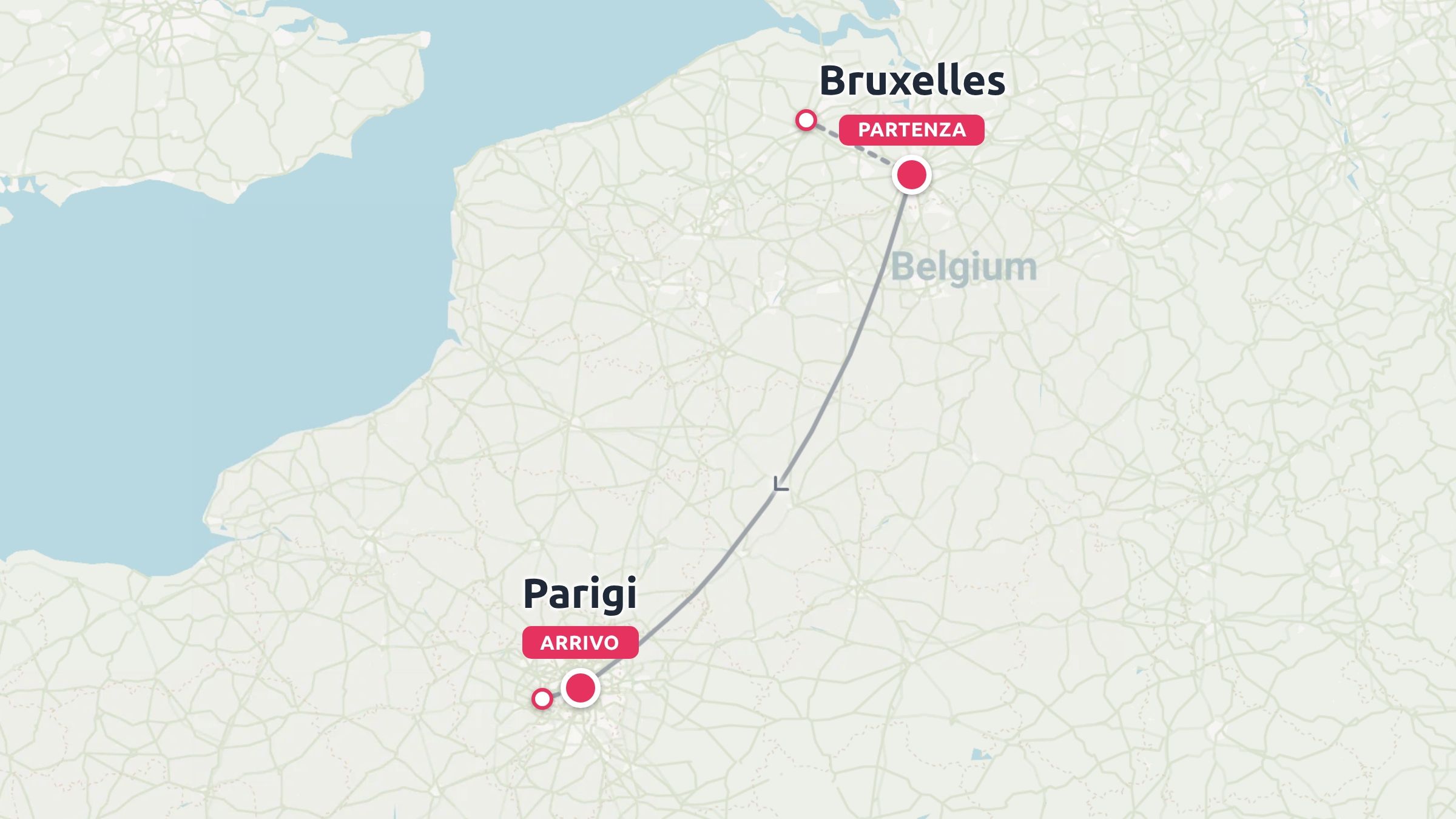 Una mappa di viaggio che mostra un percorso che parte da Bruxelles in Belgio fino a Parigi.
