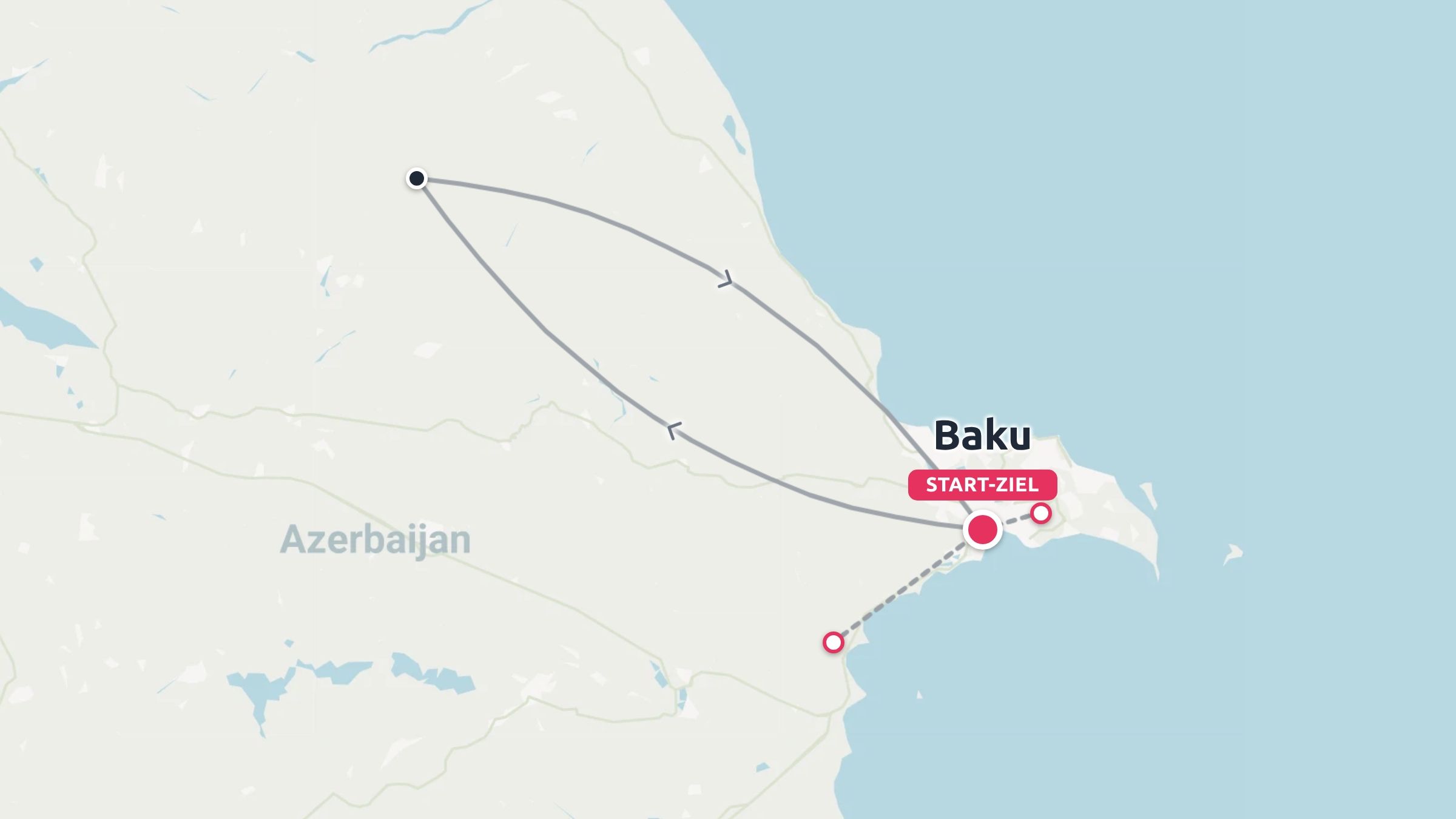 Reiseroute-Karte von Aserbaidschan mit einer Rundreise, die in Baku beginnt und endet.