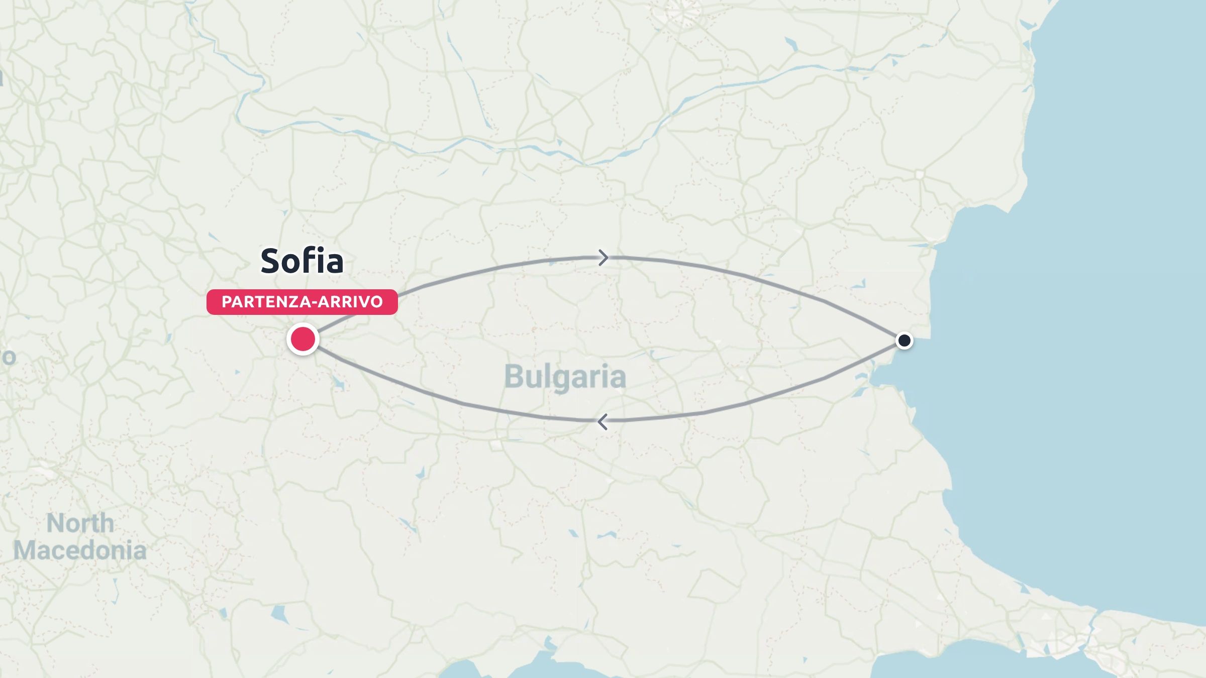 Mappa dell'itinerario di viaggio in Bulgaria che mostra un percorso ad anello con partenza e arrivo a Sofia