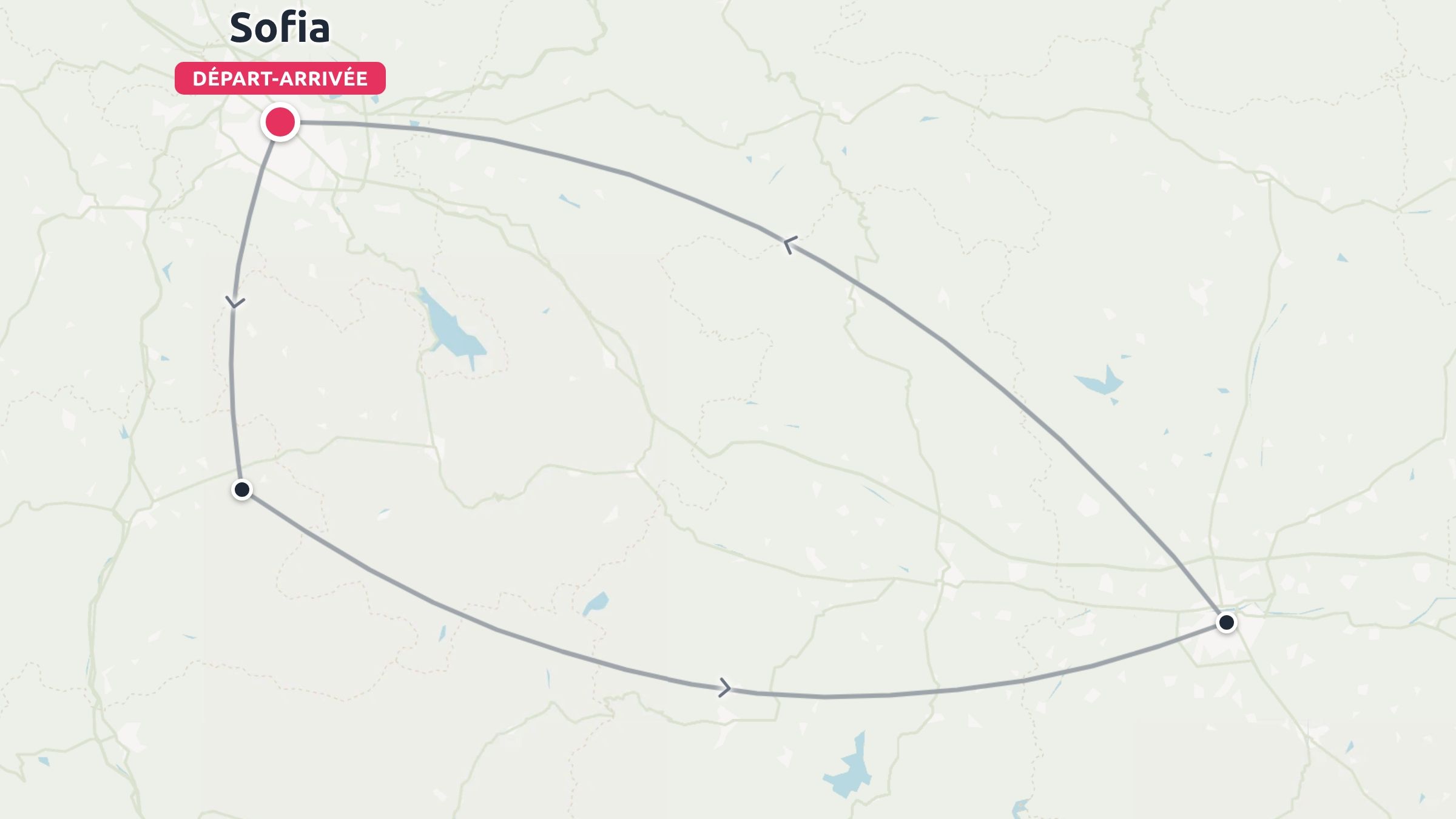 Une carte de voyage illustrant un itinéraire en boucle commençant et se terminant à Sofia.