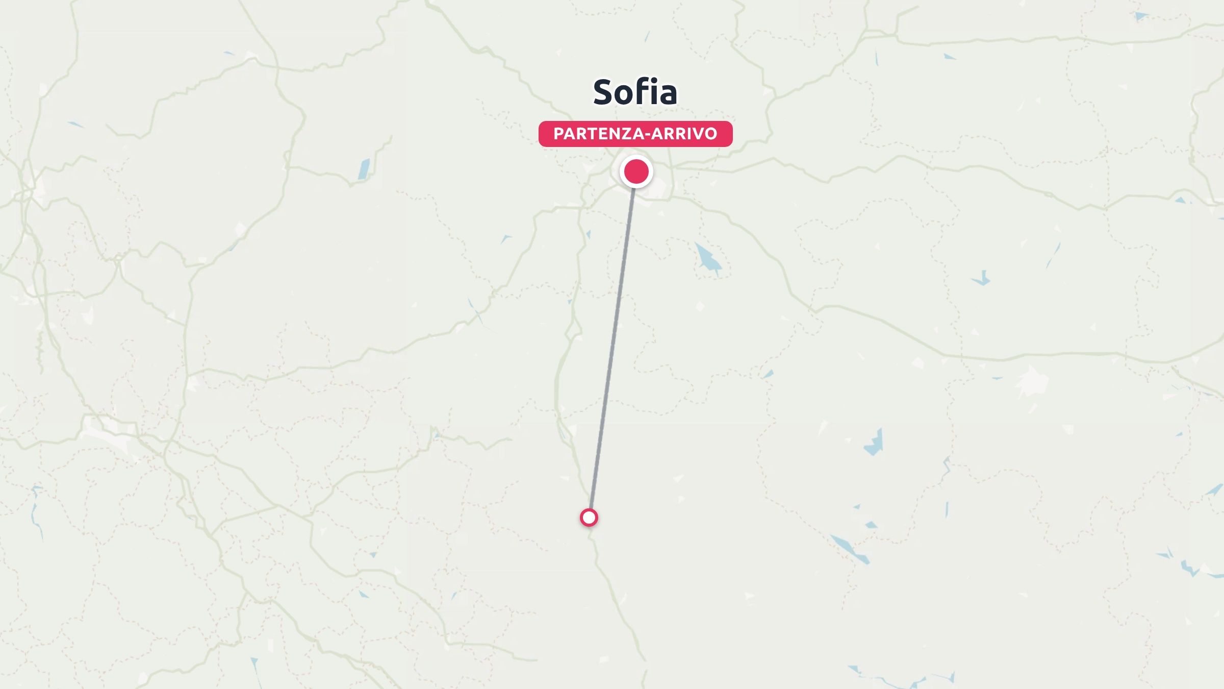 Una mappa dell'itinerario di viaggio che mostra un percorso di destinazione che inizia e finisce a Sofia
