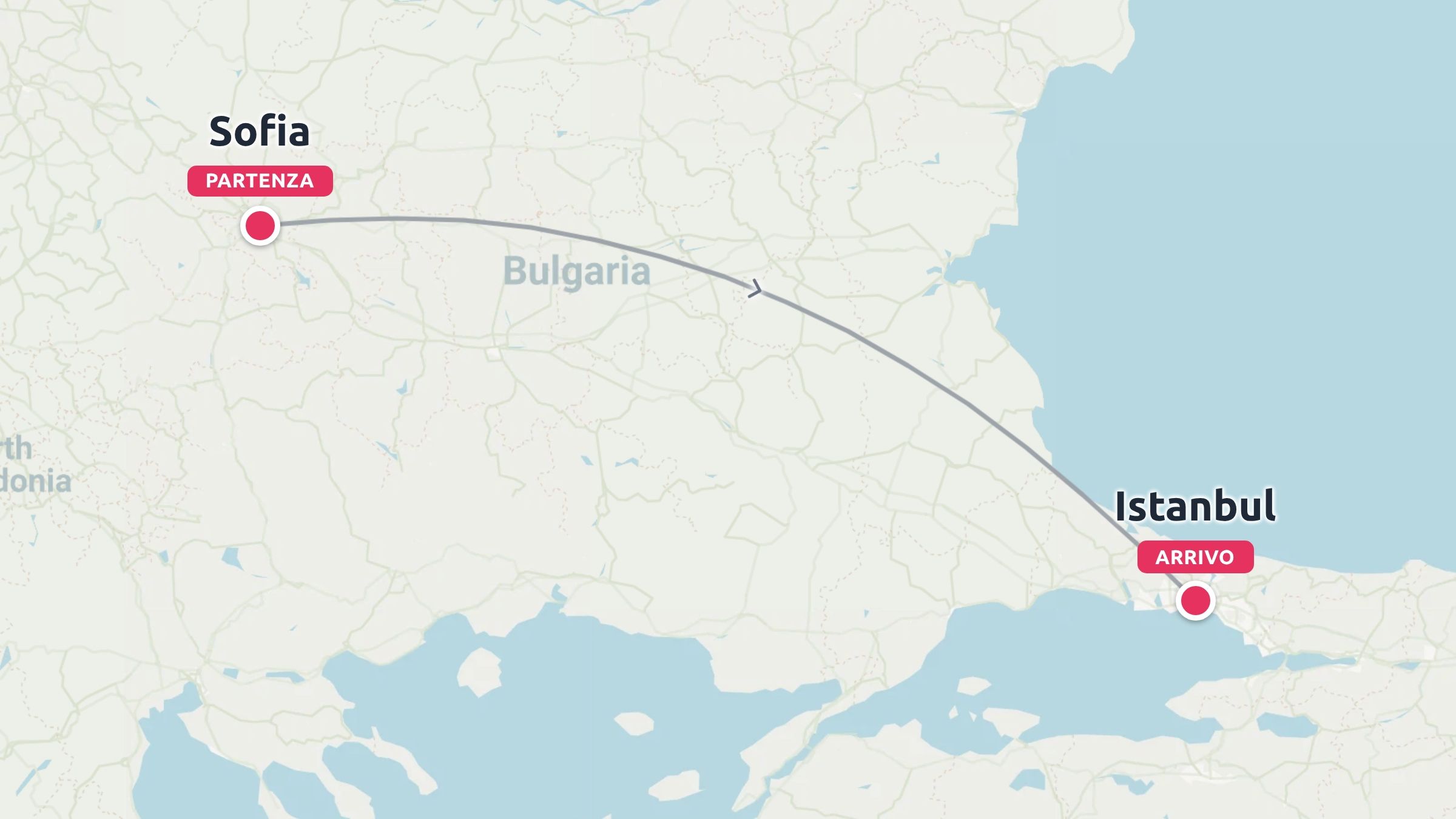 Una mappa di un itinerario di viaggio che mostra un percorso che inizia a Sofia, in Bulgaria, e termina a Istanbul.