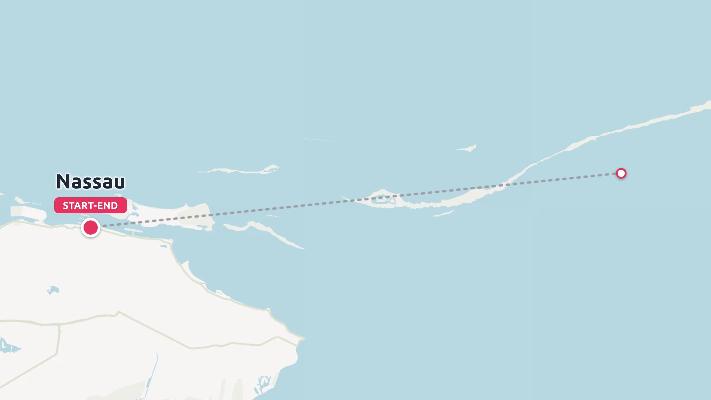 A map displaying a travel route starting and ending in Nassau across coastal islands and water.