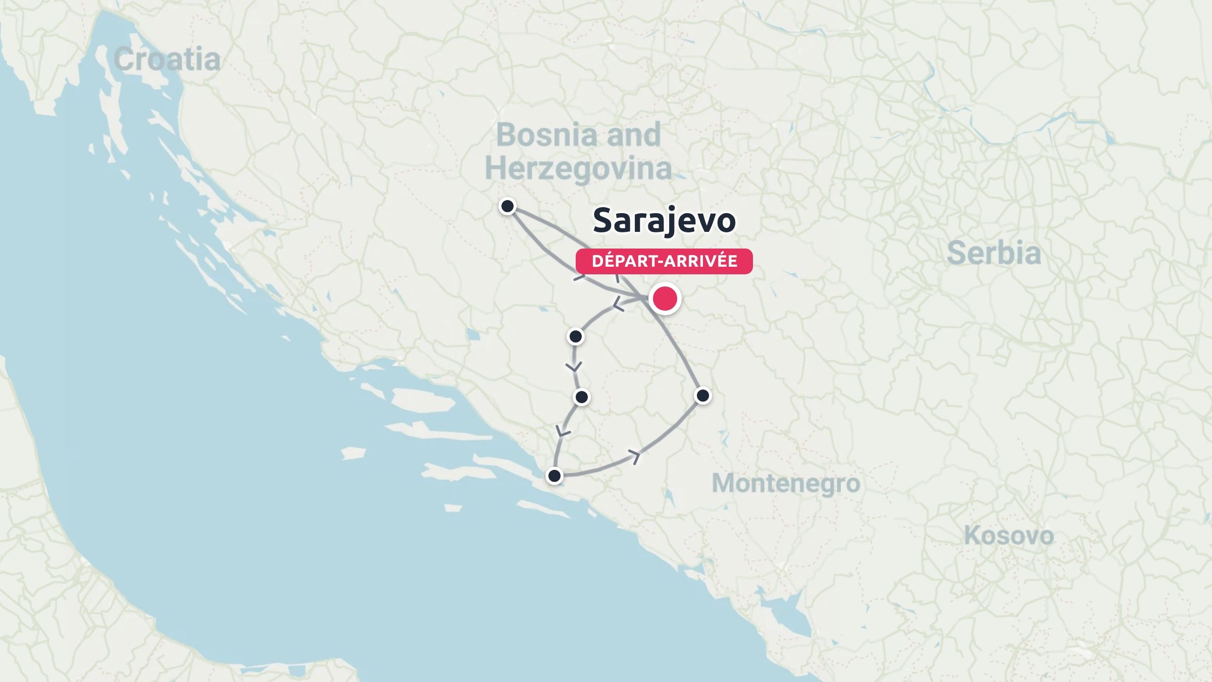 Carte de l'itinéraire de voyage en Bosnie-Herzégovine montrant un parcours circulaire commençant et se terminant à Sarajevo.