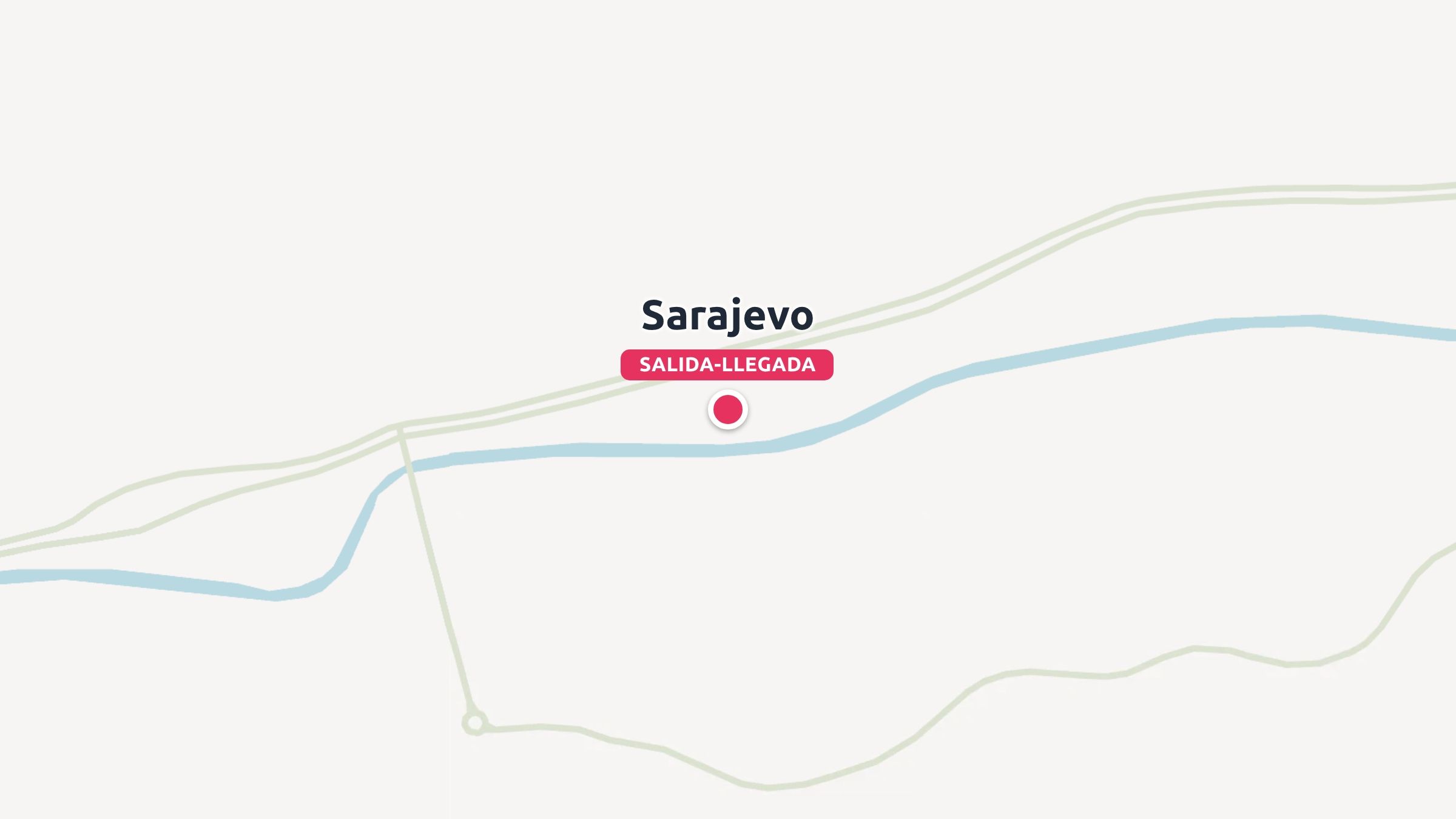 Un mapa minimalista que destaca Sarajevo con un pin rosa que marca el punto de salida y llegada cerca de una línea azul de río