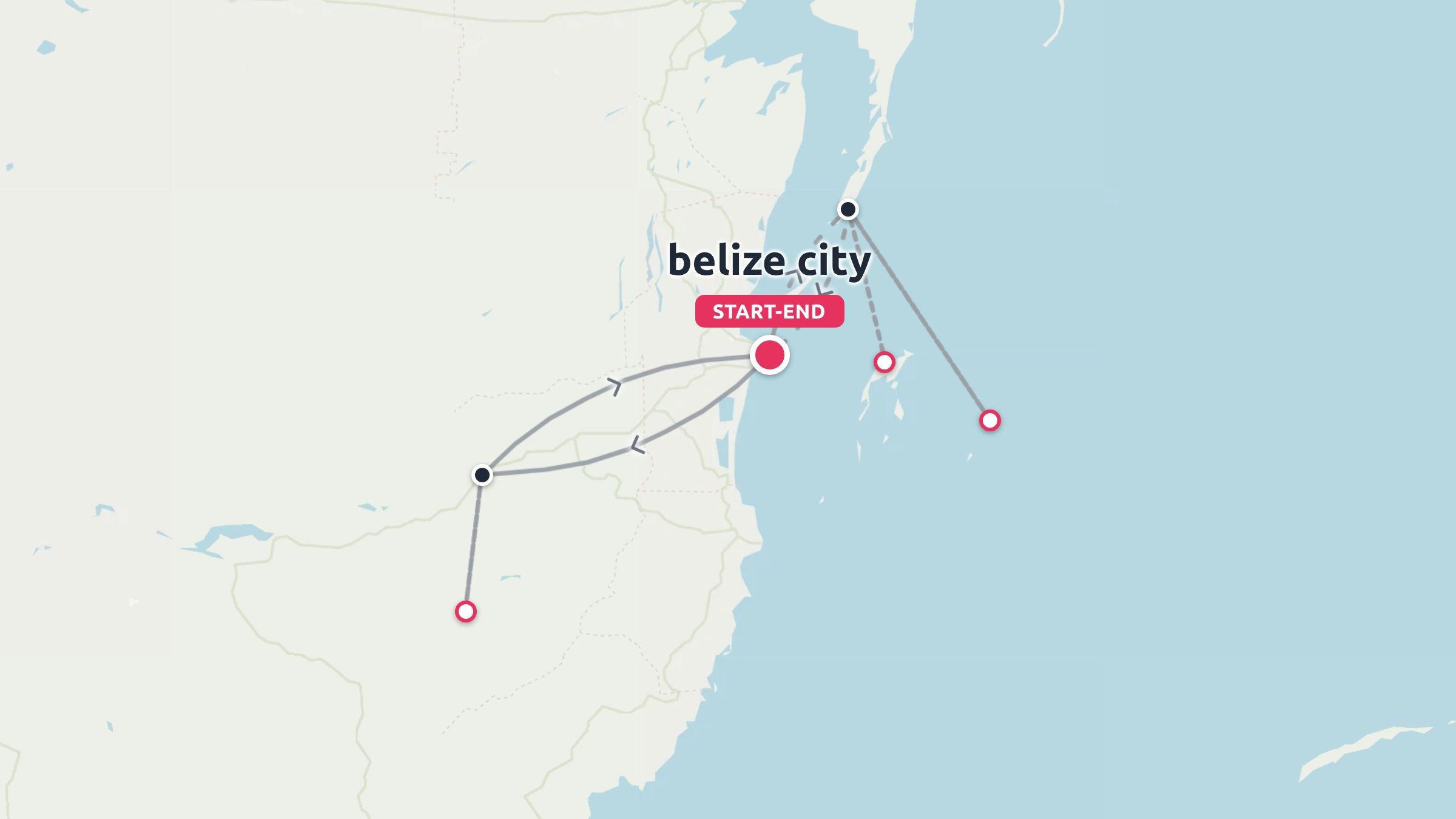 A travel itinerary route map showing travel paths starting and ending in Belize City.