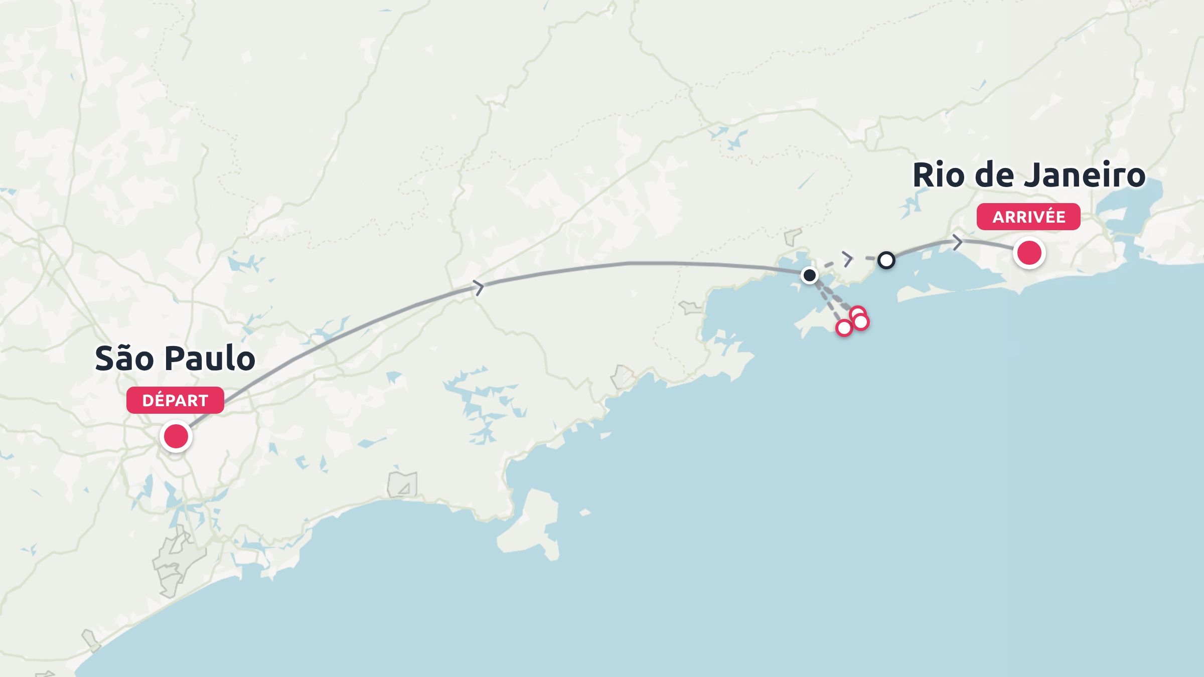 Une carte d'itinéraire de voyage montrant un parcours commençant à São Paulo et se terminant à Rio de Janeiro le long de la côte du Brésil