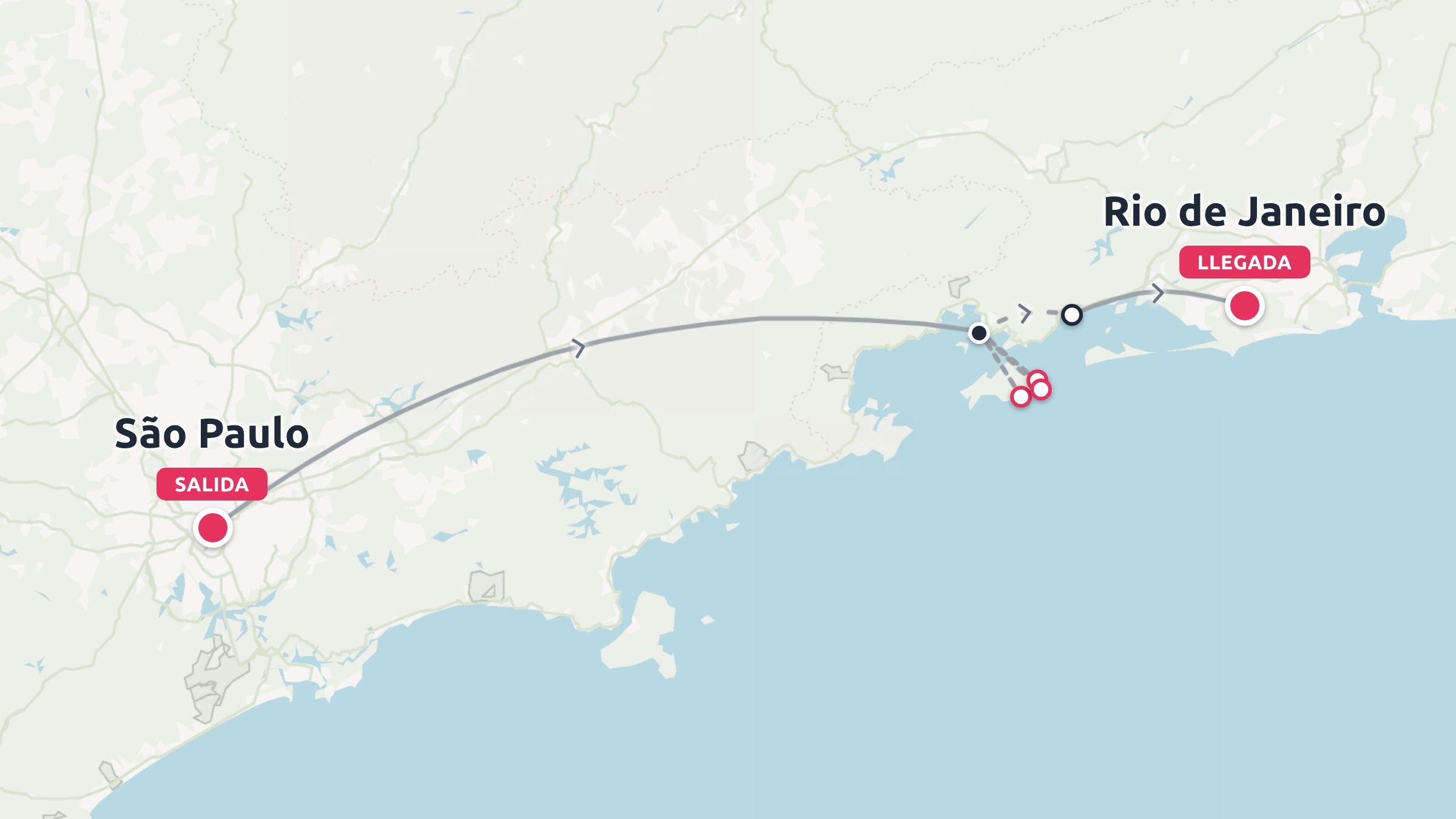 Ruta de viaje por la costa de Brasil desde la salida en São Paulo hasta la llegada a Río de Janeiro