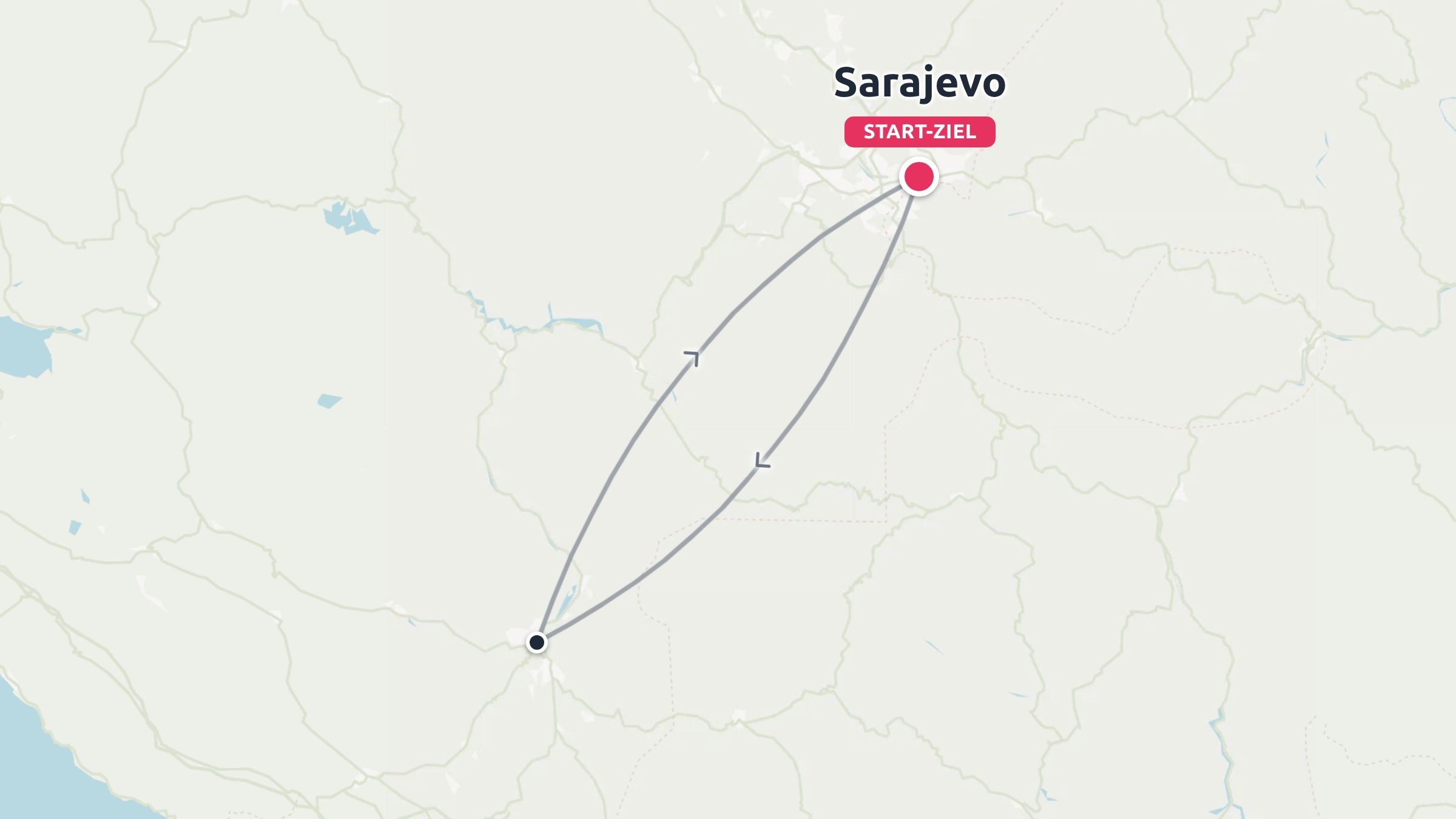 Eine Reiseroute, die eine Rundreise zeigt, die in Sarajevo beginnt und endet.