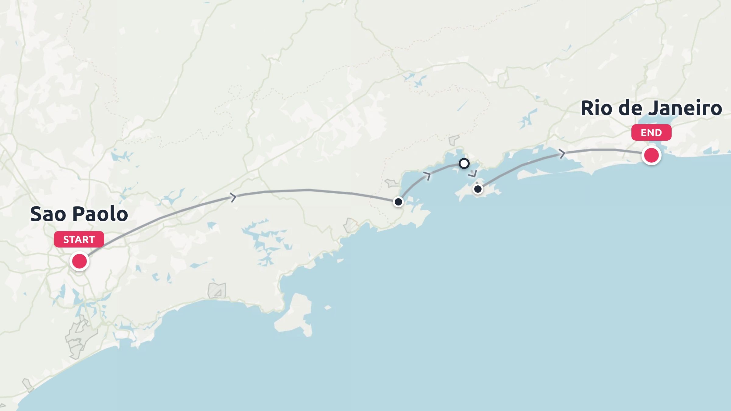 A travel route map showing a path starting in Sao Paolo and ending in Rio de Janeiro along the coastline.
