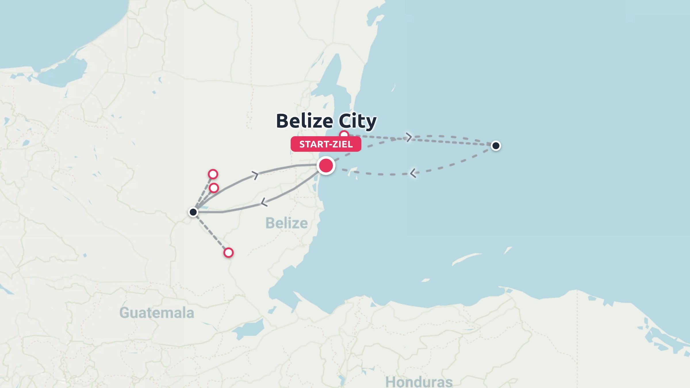 Eine Reiseroute, die als Schleife in Belize City beginnt und endet sowie Zwischenstopps in Belize und Guatemala verbindet.