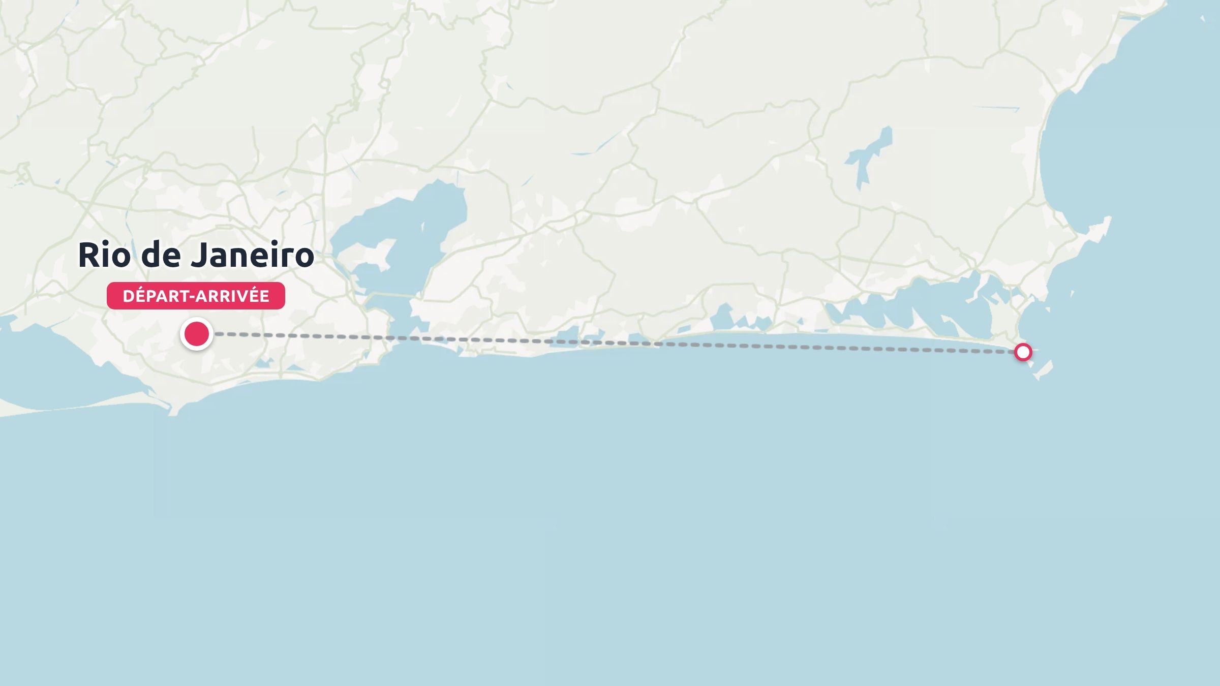 Une carte d'itinéraire de voyage affichant Rio de Janeiro avec des points de départ et d'arrivée le long de la zone côtière.