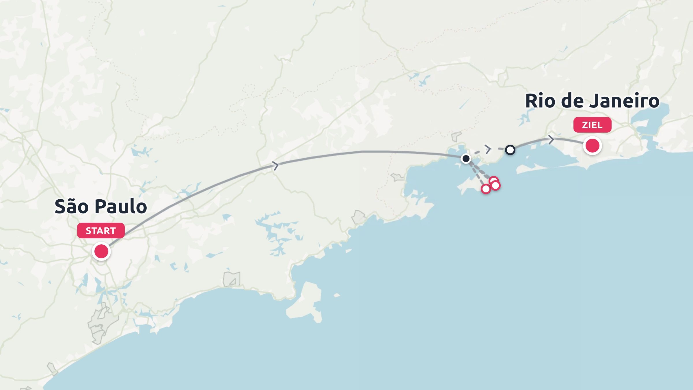 Reiseroute mit einer Route, die in São Paulo beginnt und entlang der Küste in Rio de Janeiro endet.