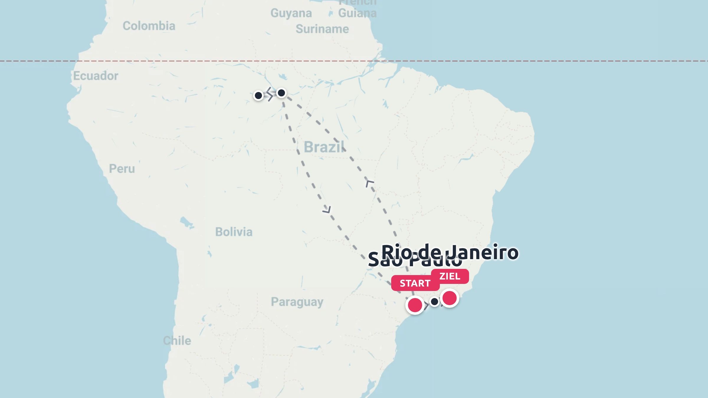 Reiseroute durch Brasilien mit Verbindung von São Paulo, Rio de Janeiro und der Amazonas-Region mit gestrichelten Flugrouten
