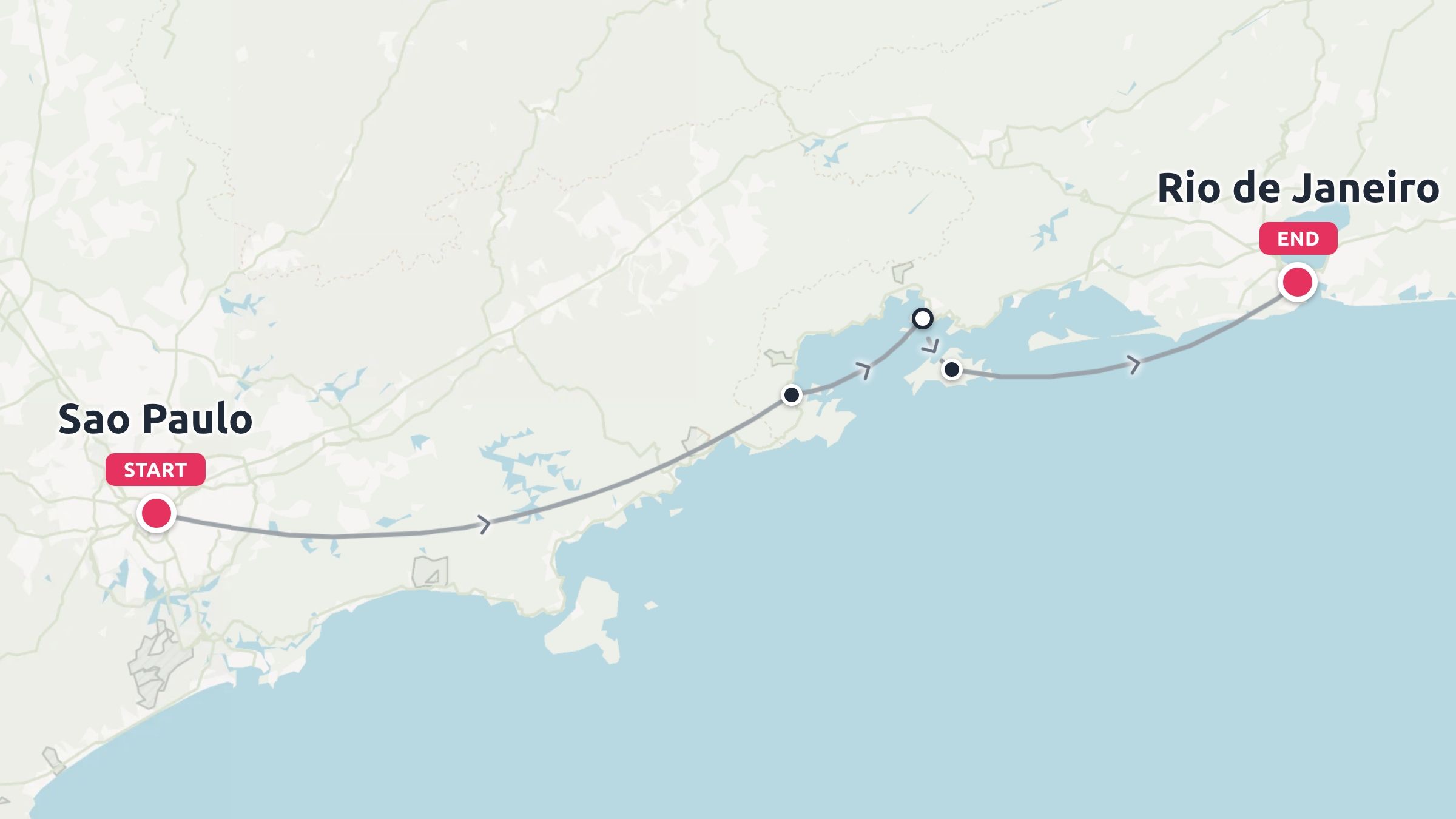 A travel route map showing a journey starting in Sao Paulo and ending in Rio de Janeiro along the coastline.